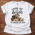 White Look at the Birds He Provides for Them Christian chicken shirt with rustic chicken coop graphic on beige t-shirt, Matthew 6:26 Bible verse design