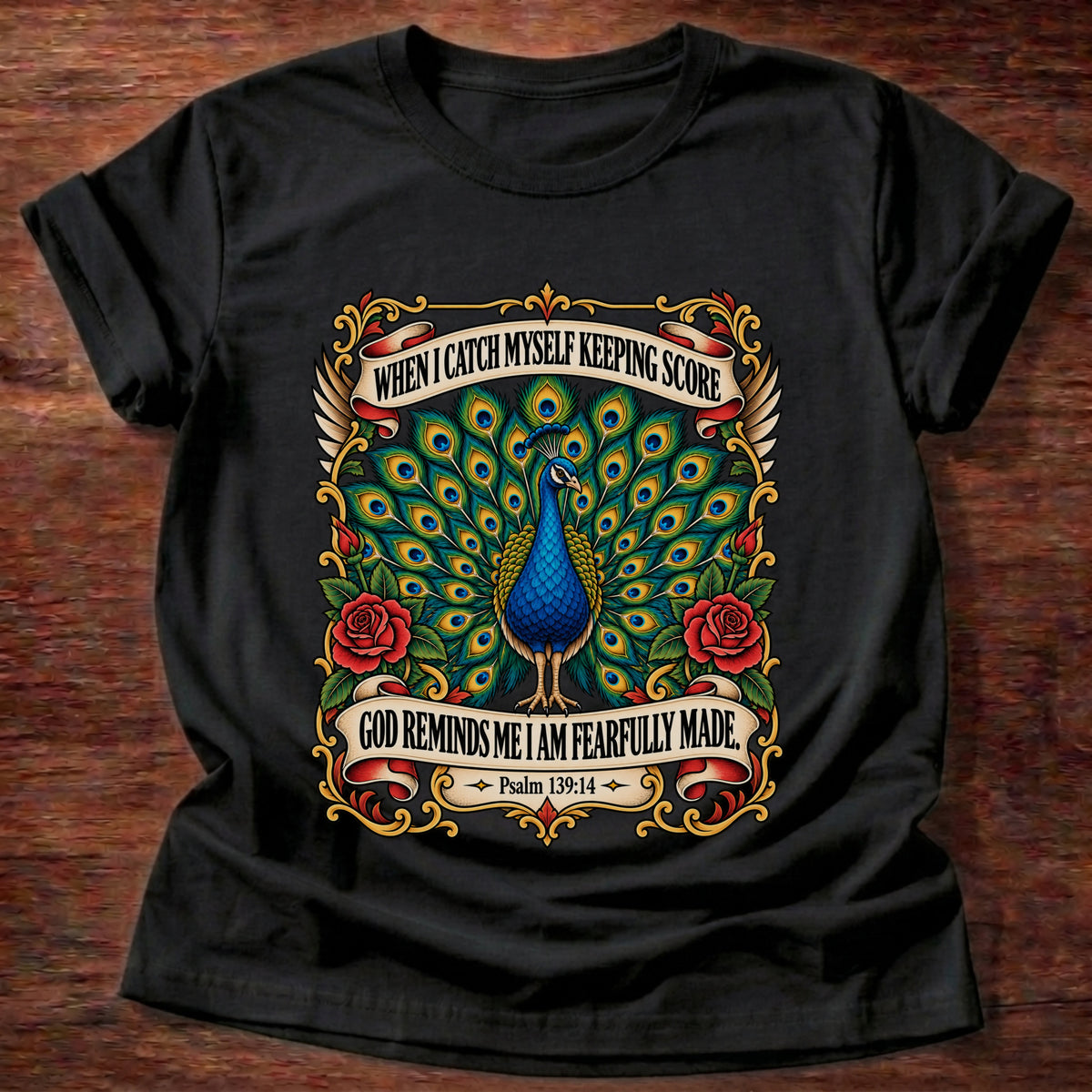 Black t-shirt printed with a peacock with its tail fanned in a vintage tattoo-flash frame with red roses and banners graphic and “When I catch myself keeping score, God reminds me I am fearfully made.” Psalm 139:14 faith based gift