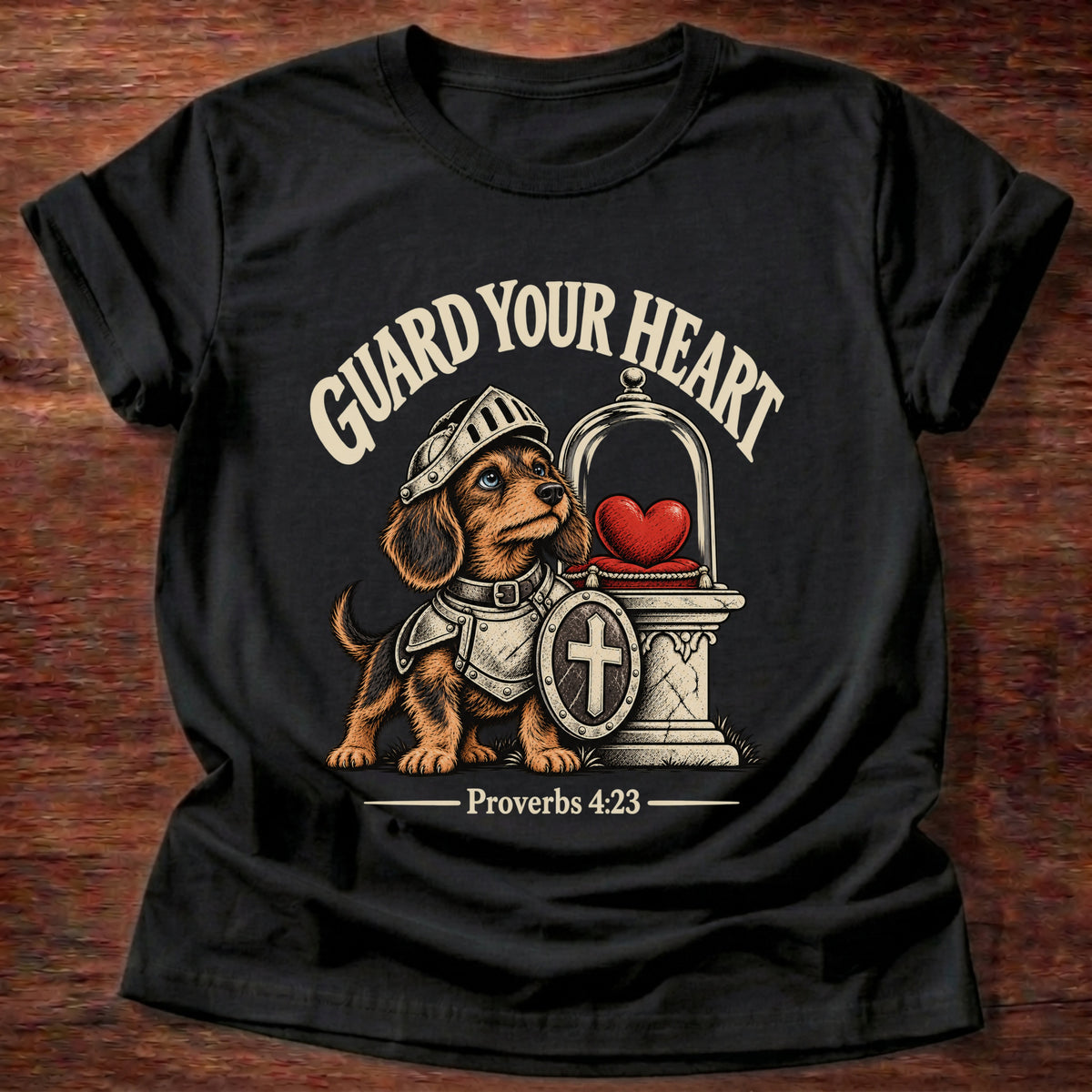 Black t-shirt printed with a brave knight dachshund in armor guarding a glowing heart graphic and “Guard your heart.” Proverbs 4:23 Christian shirt
