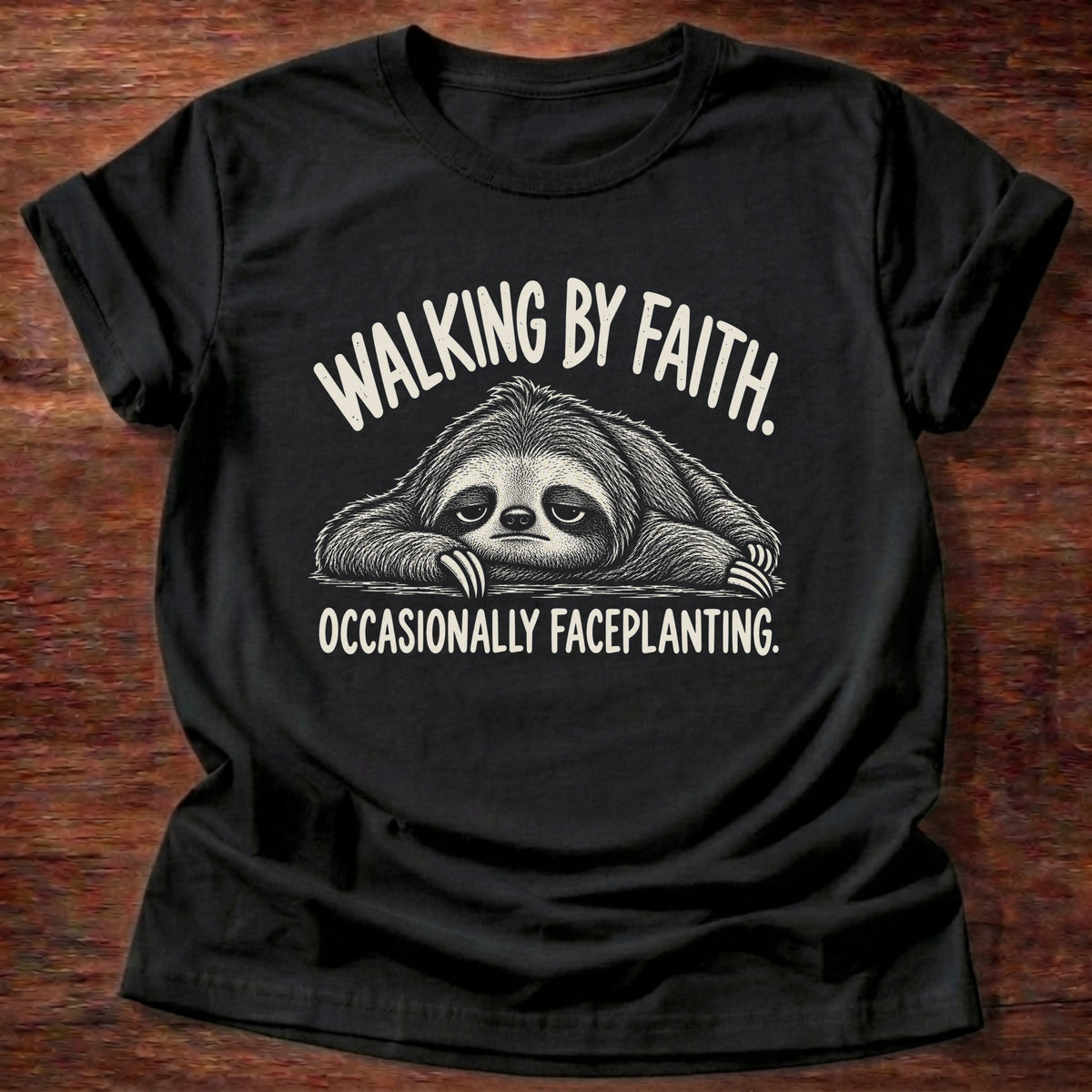 Black t-shirt printed with a sloth faceplanted on the ground graphic and “Walking by faith. Occasionally faceplanting.” 2 Corinthians 5:7 Christian shirt