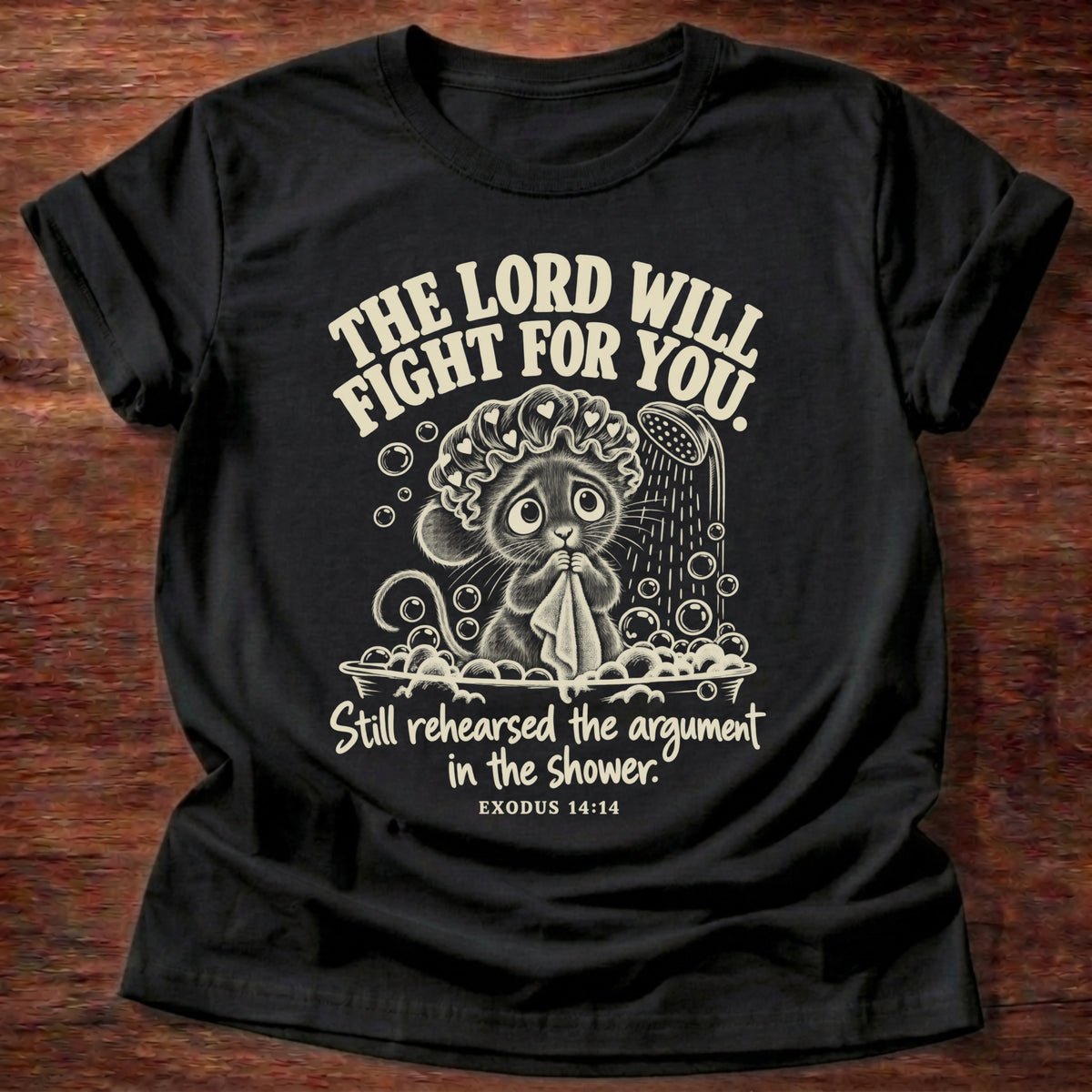Shower Rehearsal T-Shirt in Black featuring a worried mouse in a shower cap in a bubble bath and Exodus 14:14 overthinking humor design