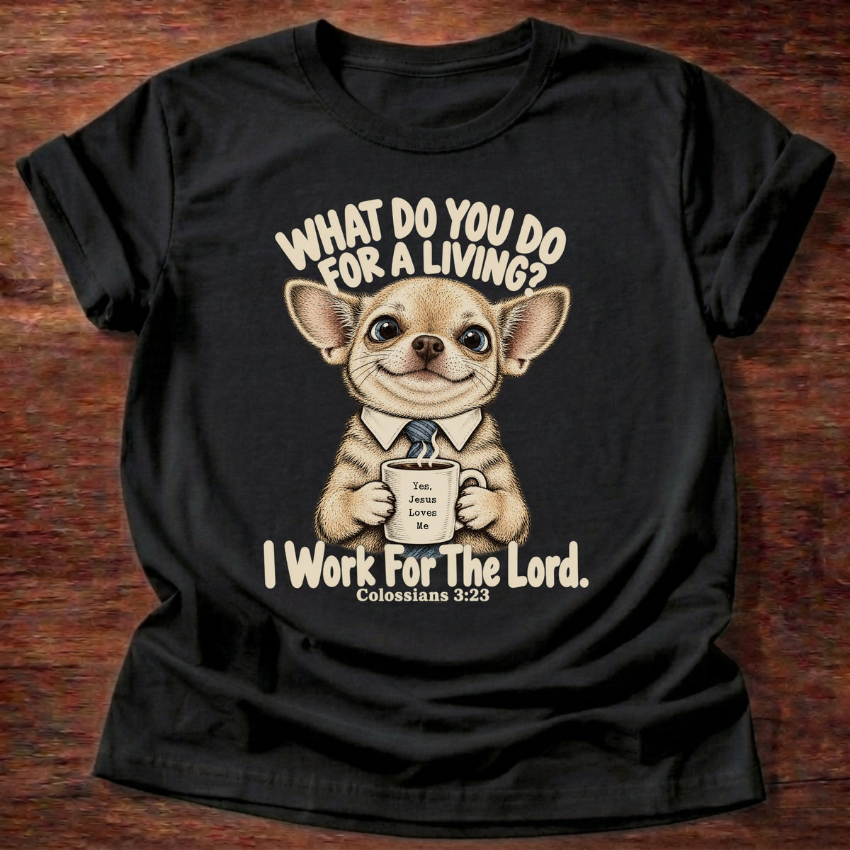Black t-shirt printed with a chihuahua in a collared shirt holding a coffee graphic and “What do you do for a living? I work for the Lord.” Colossians 3:23 Christian shirt