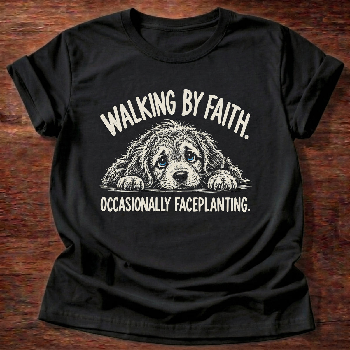 Black t-shirt printed with a floppy-eared puppy faceplanted on the ground graphic and “Walking by faith. Occasionally faceplanting.” 2 Corinthians 5:7 Christian shirt