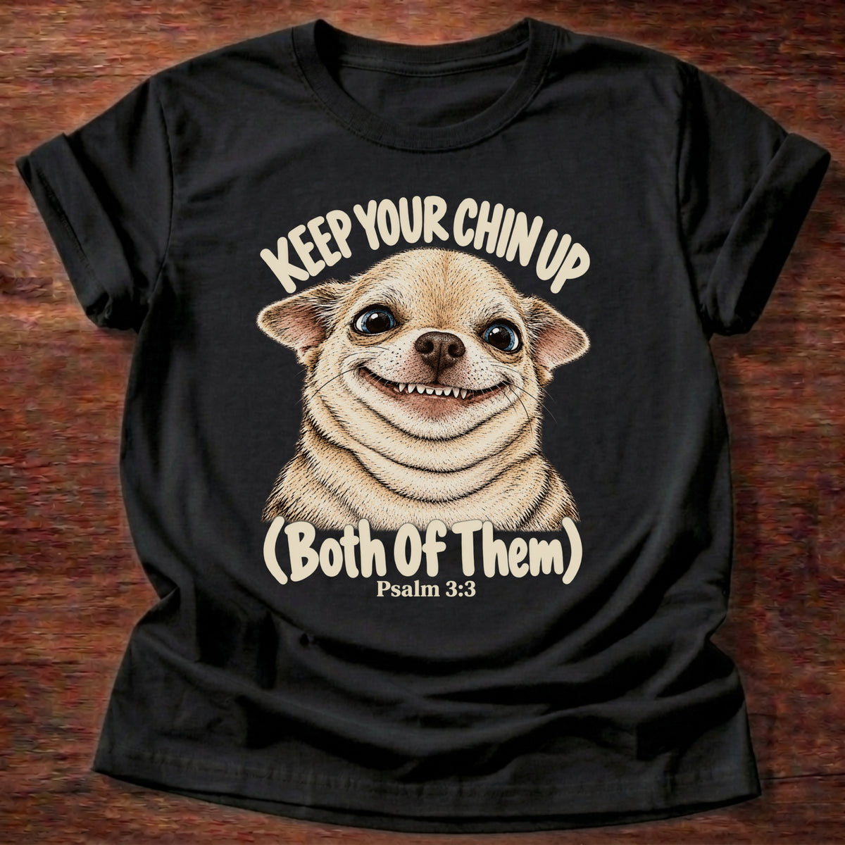 Black t-shirt printed with a grinning fluffy chihuahua graphic and “Keep your chin up. (Both of them.)” Psalm 3:3 Christian shirt