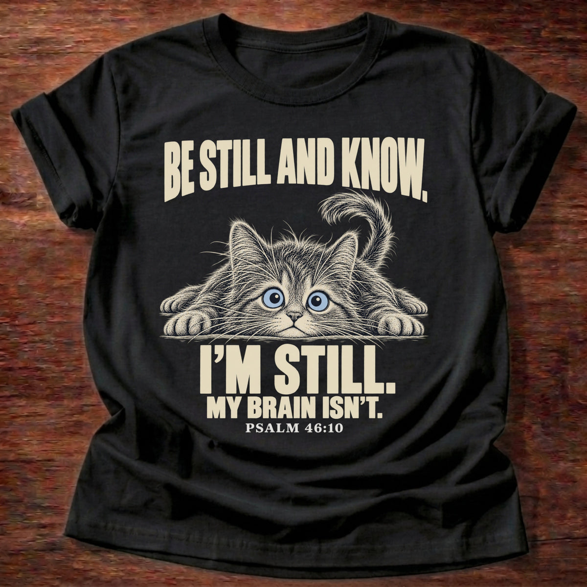 Brain Not Still T-Shirt in Black featuring a wide-eyed cat lying flat with alert eyes and Psalm 46:10 overthinking humor design