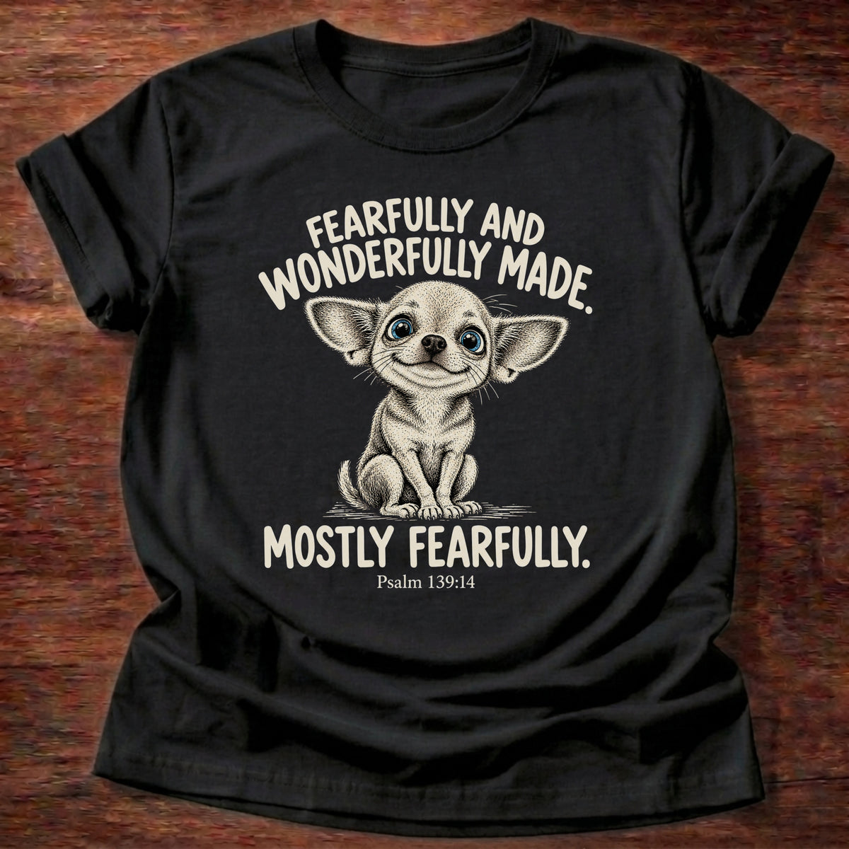 Black t-shirt printed with a wide-eyed nervous chihuahua graphic and “Fearfully and wonderfully made. Mostly fearfully.” Psalm 139:14 Christian shirt