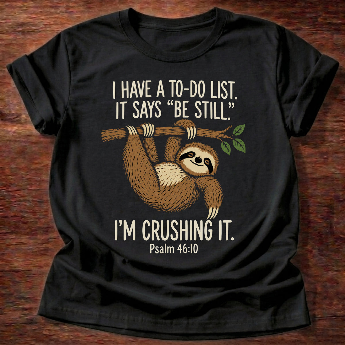Black t-shirt printed with a happy sloth hanging from a branch graphic and “I have a to-do list. It says 'Be still.' I'm crushing it.” Psalm 46:10 Christian shirt