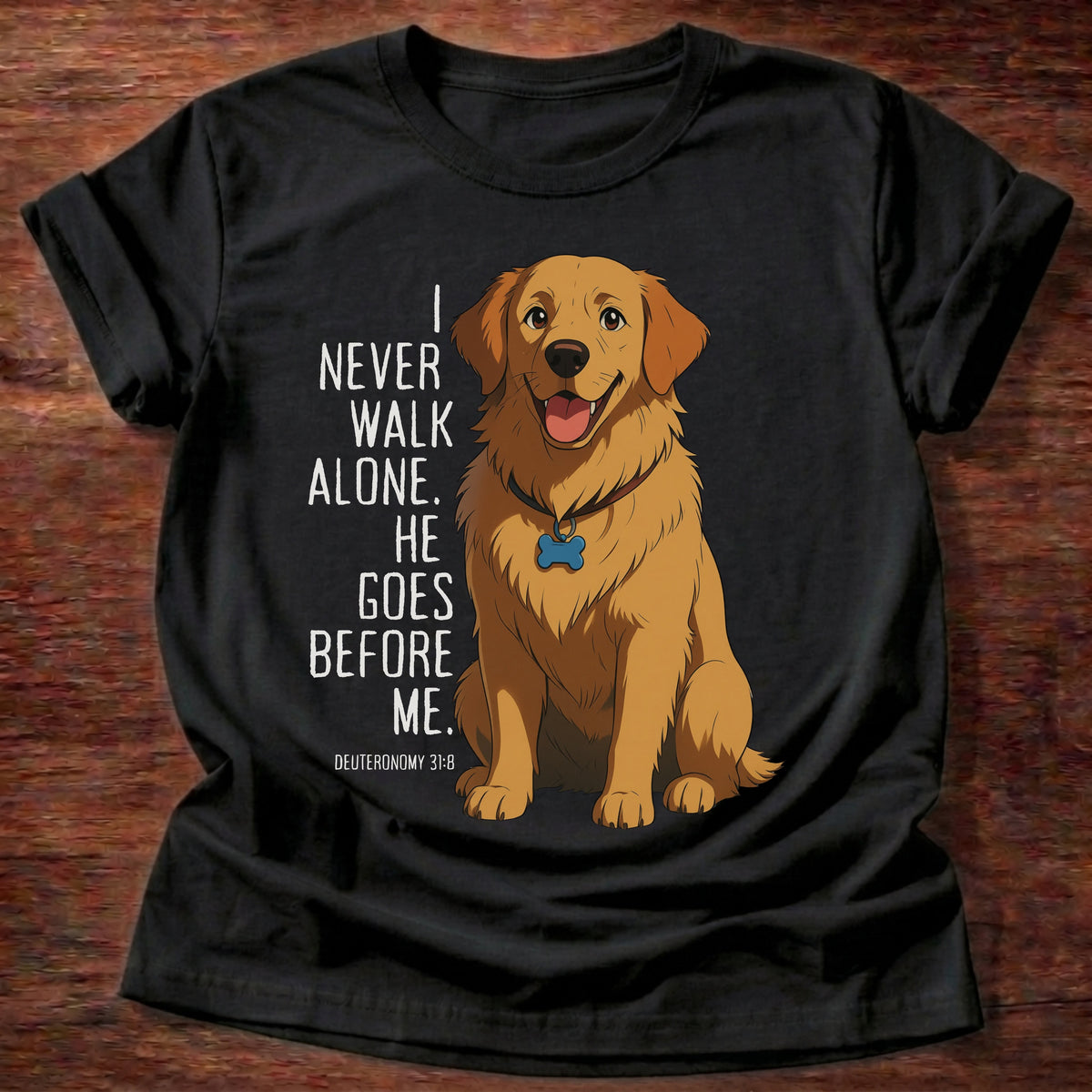 Black t-shirt printed with a loyal golden retriever graphic and “I never walk alone. He goes before me.” Deuteronomy 31:8 Christian shirt