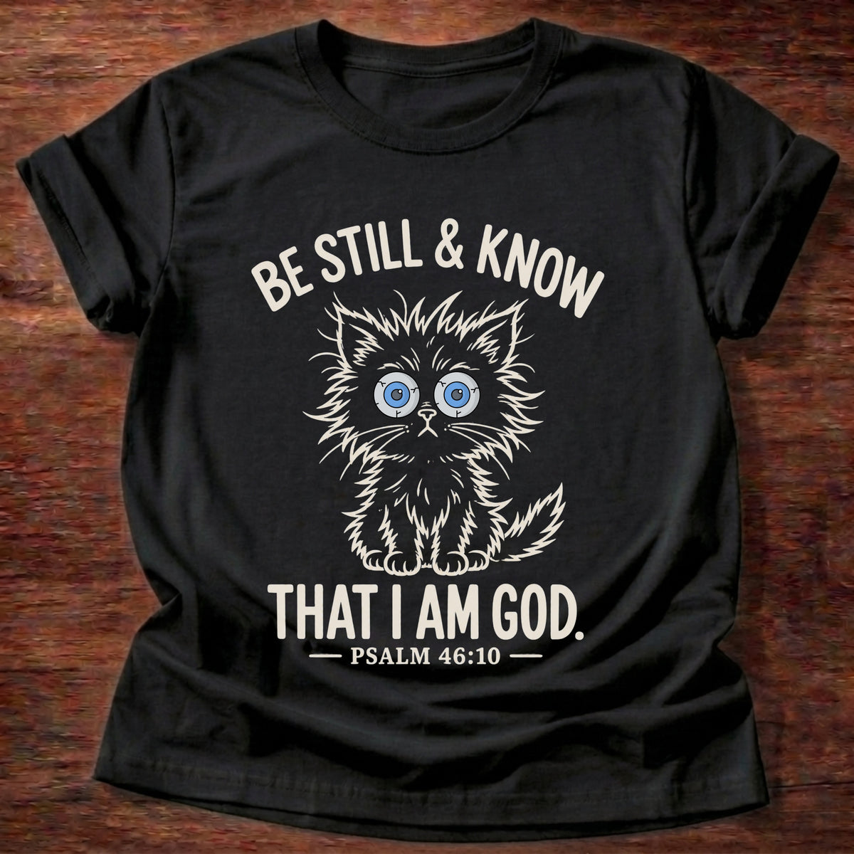 Black t-shirt printed with a wide-eyed kitten sitting still graphic and 'Be still & know. That I am God.' Psalm 46:10 faith based gift