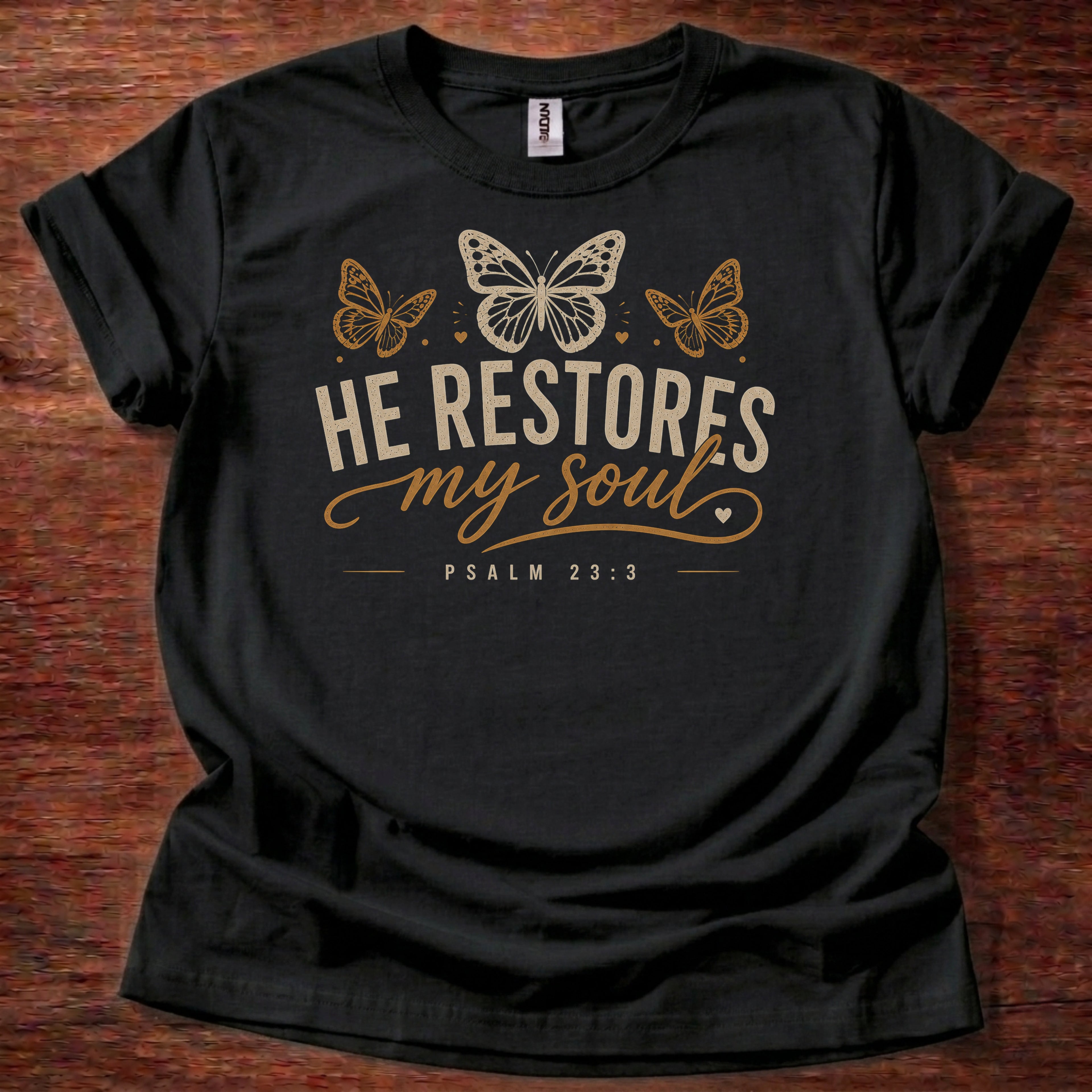 black He Restores My Soul Christian t-shirt with butterfly design and Psalm 23:3 scripture text