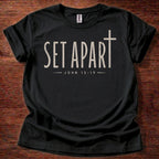 black Set Apart Christian t-shirt with simple cross and John 15:19 scripture design