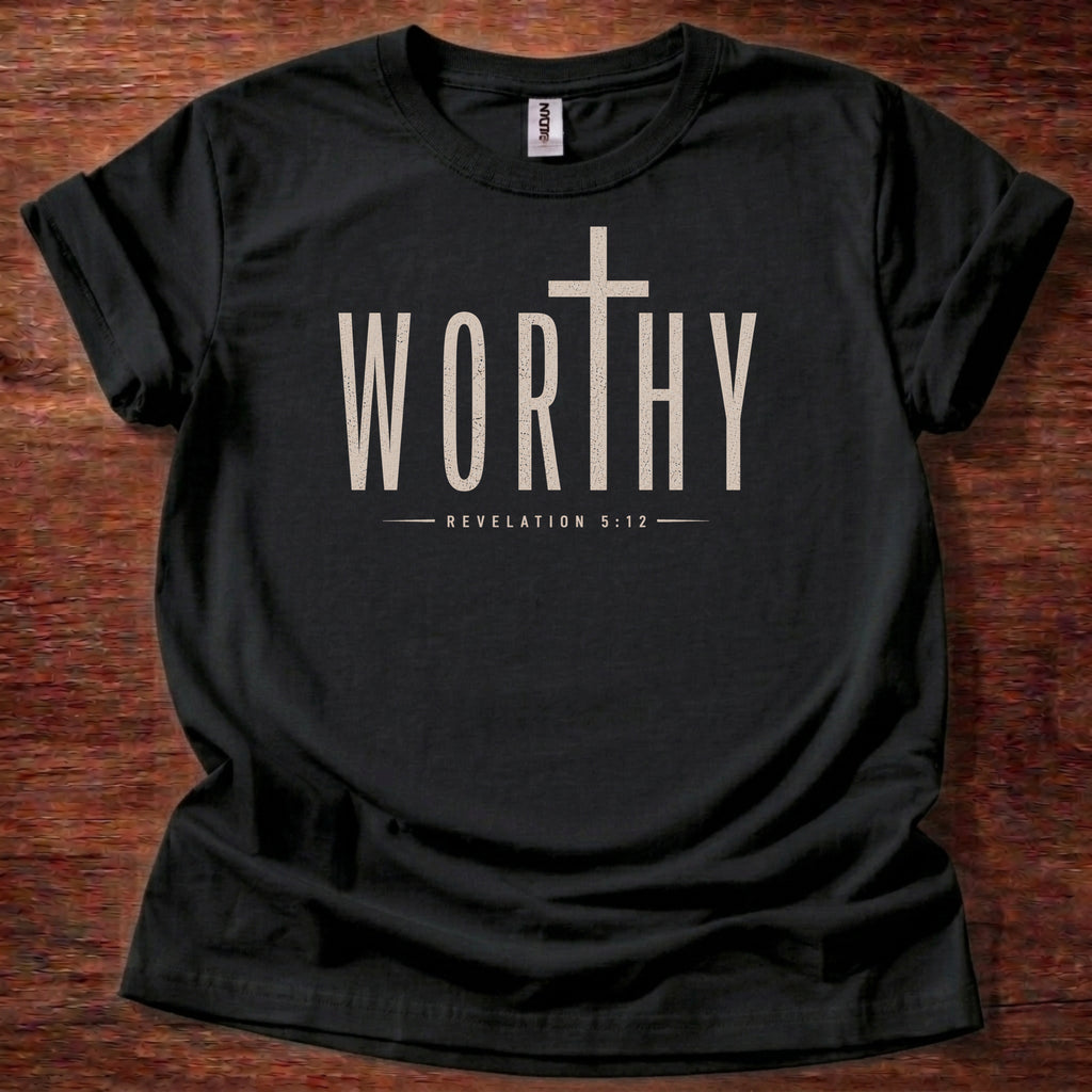 black Worthy Christian t-shirt with cross design inspired by Revelation 5:12 worship message