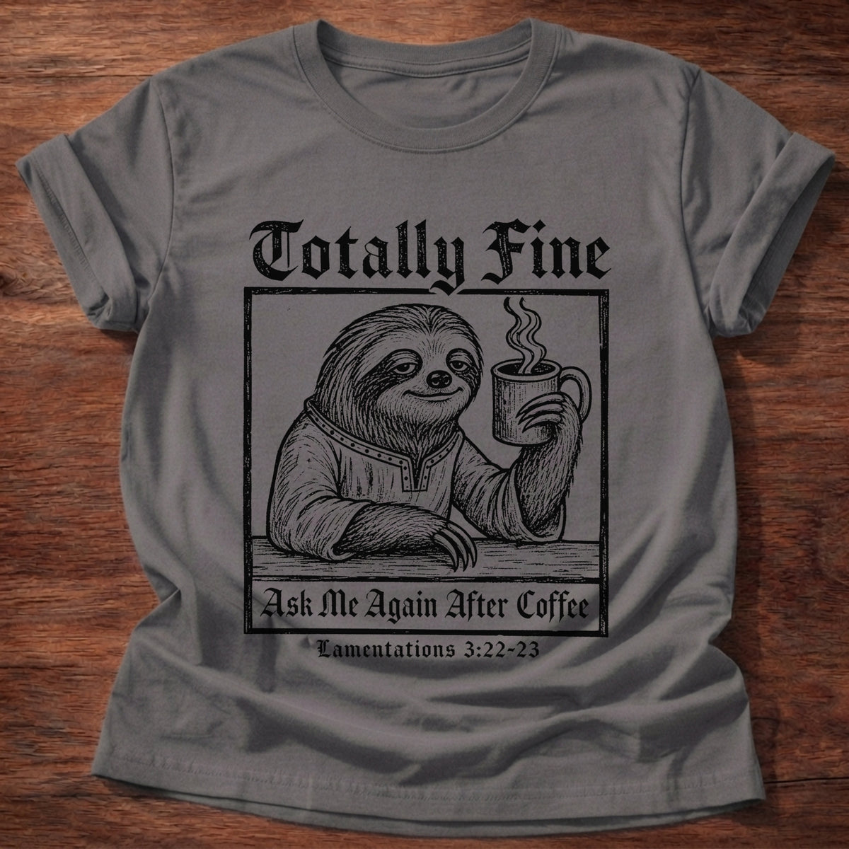 Charcoal Sloth Totally Fine Lamentations 3:22-23 Coffee T-Shirt