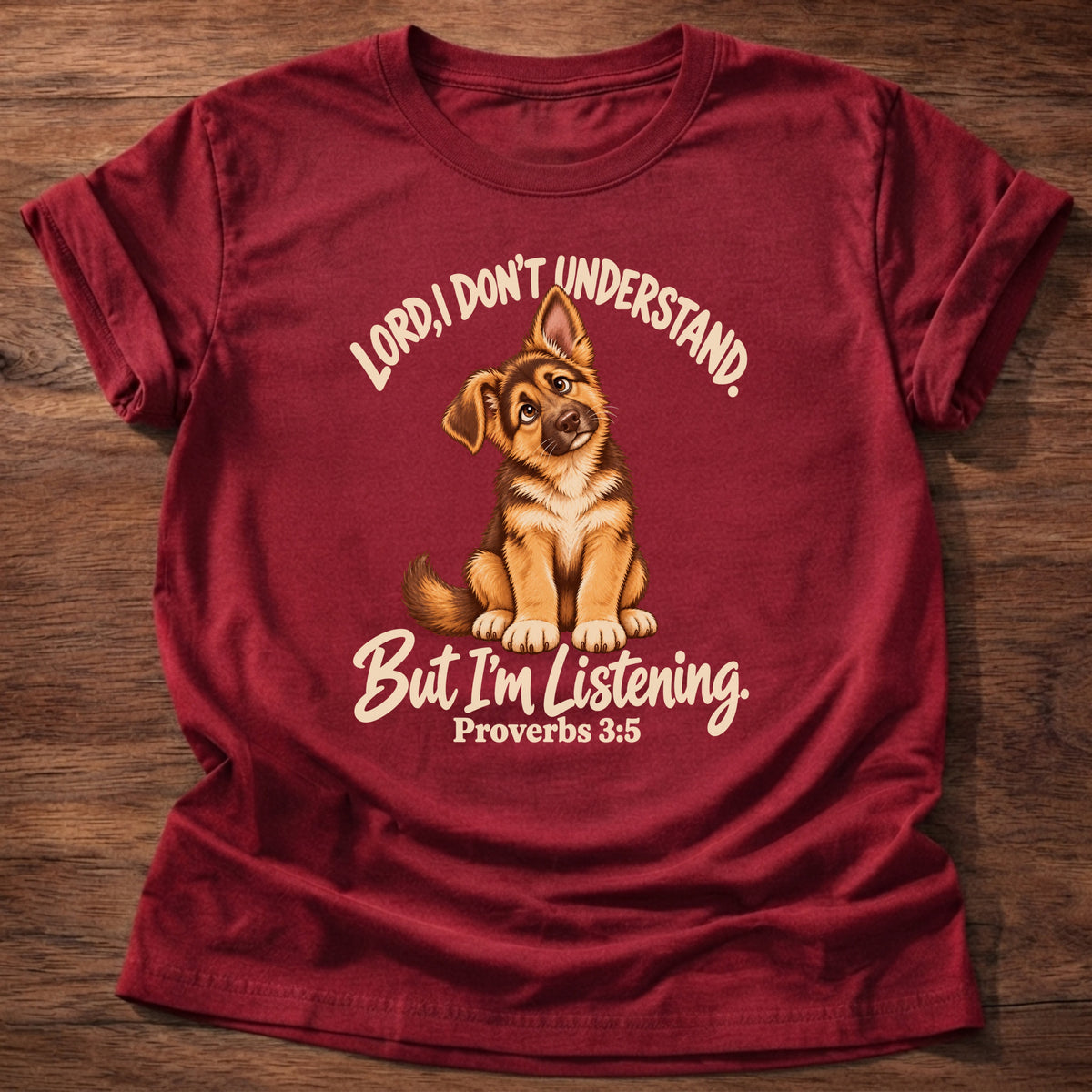 Cherry Red t-shirt printed with a German shepherd puppy tilting its head and “Lord, I don't understand. But I'm listening.” Proverbs 3:5 Christian shirt