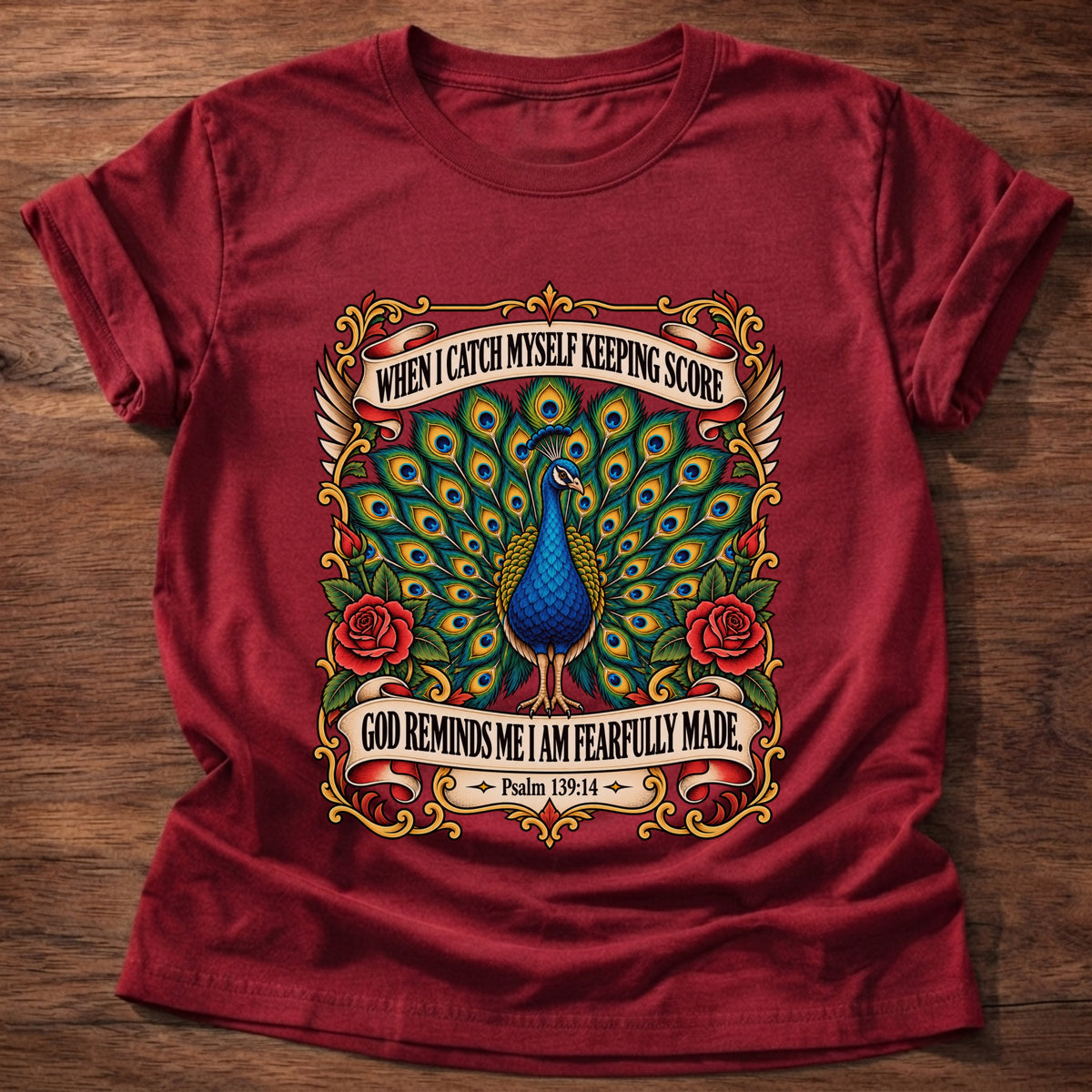 Cherry Red t-shirt printed with a peacock with its tail fanned in a vintage tattoo-flash frame with red roses and banners graphic and “When I catch myself keeping score, God reminds me I am fearfully made.” Psalm 139:14 faith based gift