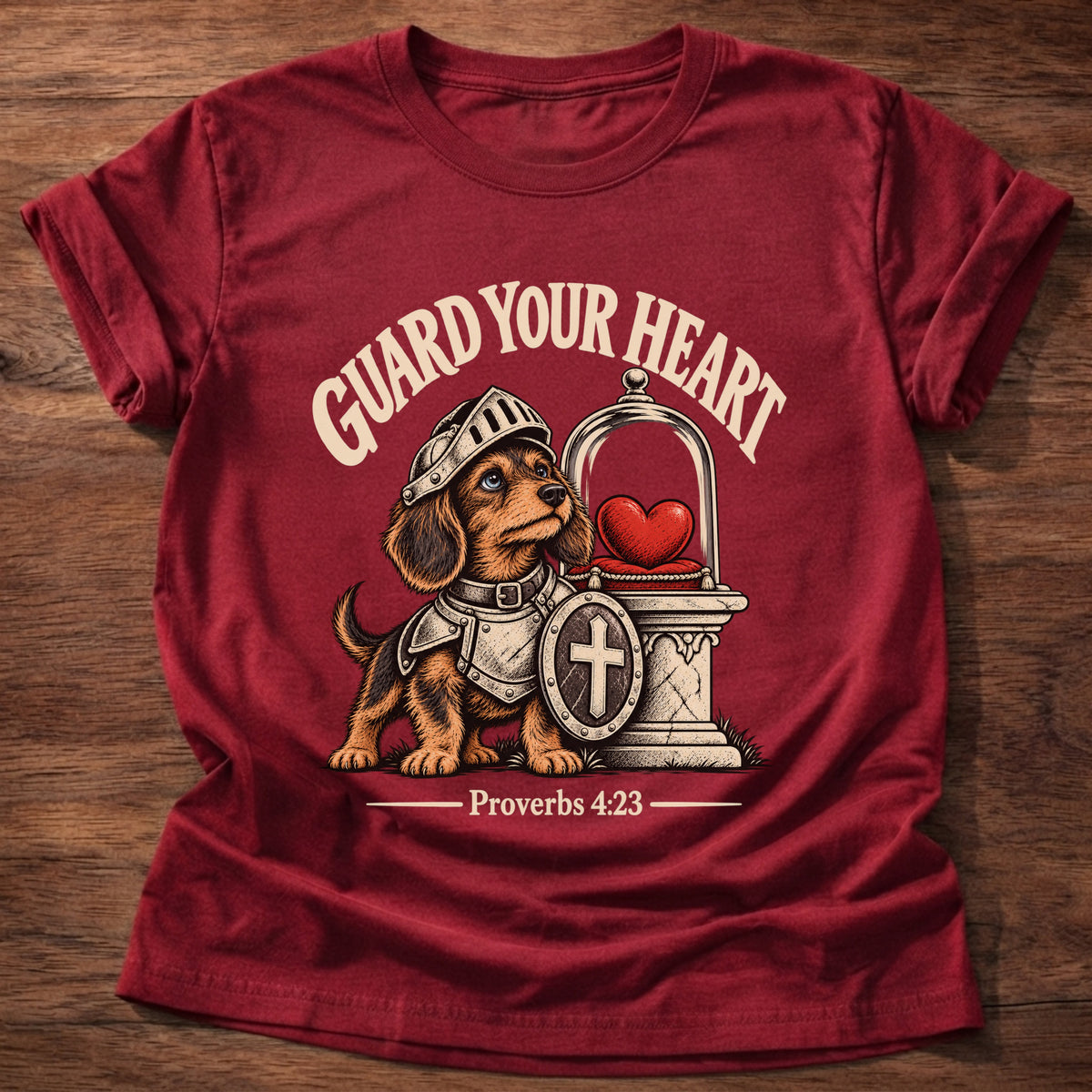 Cherry Red t-shirt printed with a brave knight dachshund in armor guarding a glowing heart graphic and “Guard your heart.” Proverbs 4:23 Christian shirt