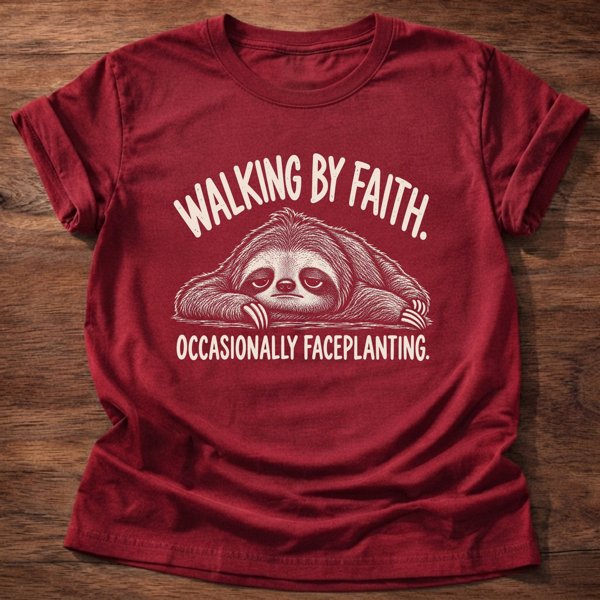 Cherry Red t-shirt printed with a sloth faceplanted on the ground graphic and “Walking by faith. Occasionally faceplanting.” 2 Corinthians 5:7 Christian shirt