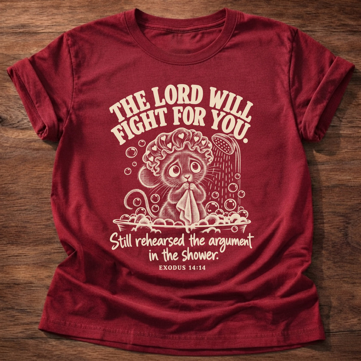 Shower Rehearsal T-Shirt in Cherry Red featuring a worried mouse in a shower cap in a bubble bath and Exodus 14:14 overthinking humor design
