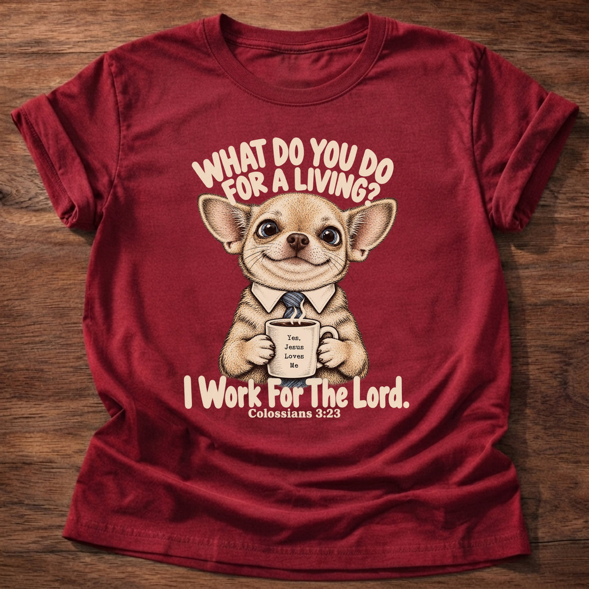 Cherry Red t-shirt printed with a chihuahua in a collared shirt holding a coffee graphic and “What do you do for a living? I work for the Lord.” Colossians 3:23 Christian shirt