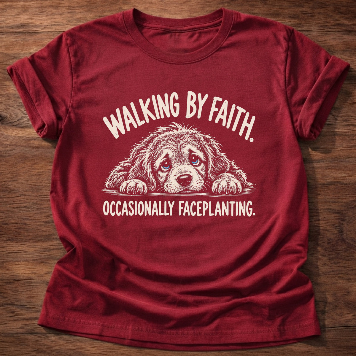 Cherry Red t-shirt printed with a floppy-eared puppy faceplanted on the ground graphic and “Walking by faith. Occasionally faceplanting.” 2 Corinthians 5:7 Christian shirt