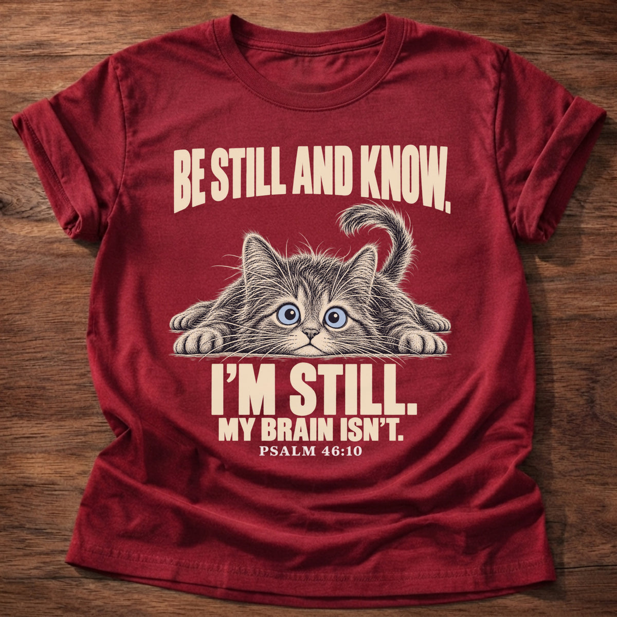 Brain Not Still T-Shirt in Cherry Red featuring a wide-eyed cat lying flat with alert eyes and Psalm 46:10 overthinking humor design
