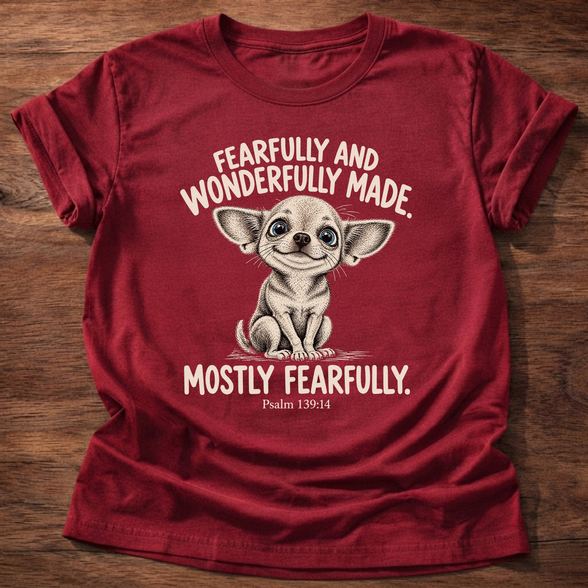 Cherry Red t-shirt printed with a wide-eyed nervous chihuahua graphic and “Fearfully and wonderfully made. Mostly fearfully.” Psalm 139:14 Christian shirt