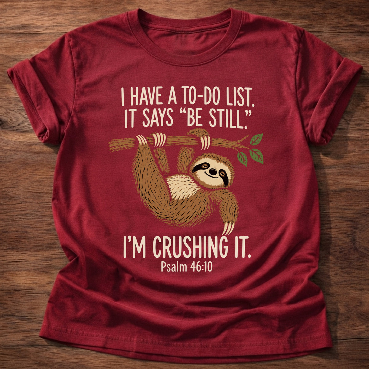 Cherry Red t-shirt printed with a happy sloth hanging from a branch graphic and “I have a to-do list. It says 'Be still.' I'm crushing it.” Psalm 46:10 Christian shirt