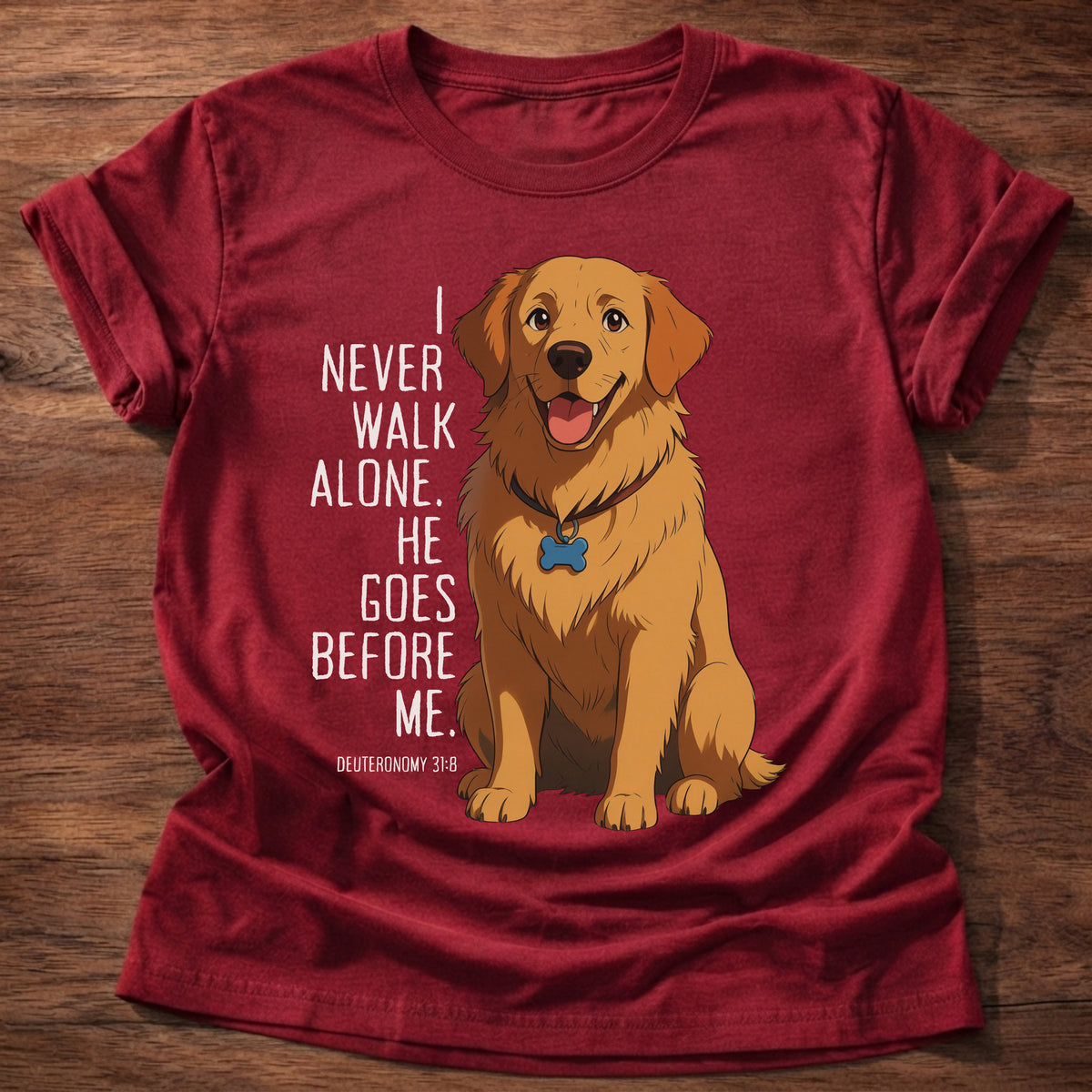Cherry Red t-shirt printed with a loyal golden retriever graphic and “I never walk alone. He goes before me.” Deuteronomy 31:8 Christian shirt