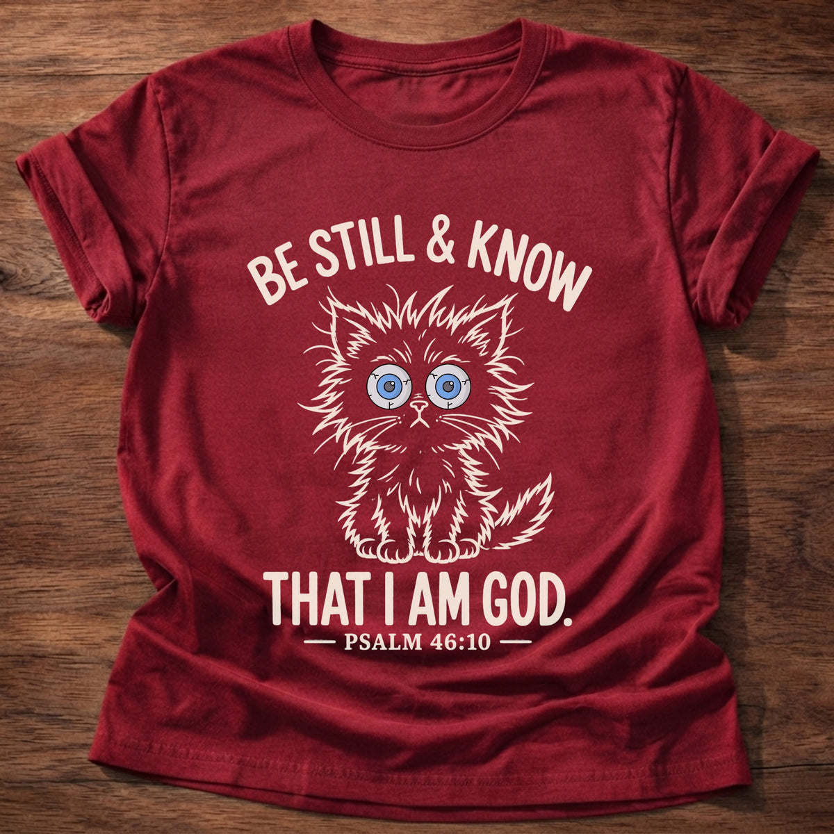 Cherry Red t-shirt printed with a wide-eyed kitten sitting still graphic and 'Be still & know. That I am God.' Psalm 46:10 faith based gift