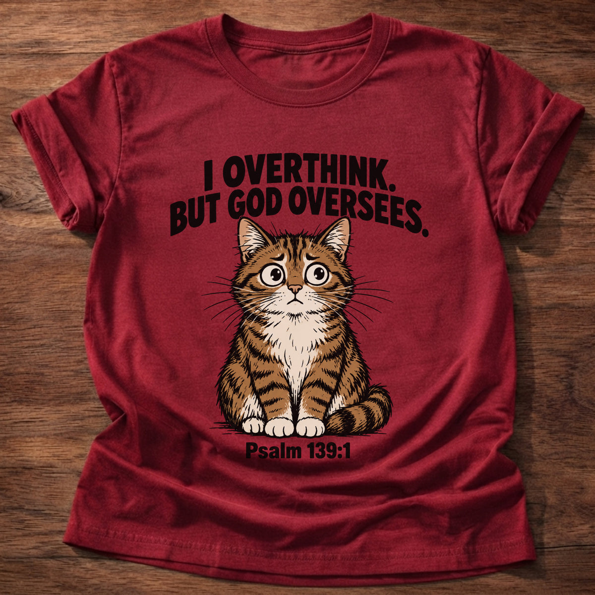 Cherry Red t-shirt printed with a cat graphic and 'I overthink. But God oversees.' Psalm 139:1 faith based gift