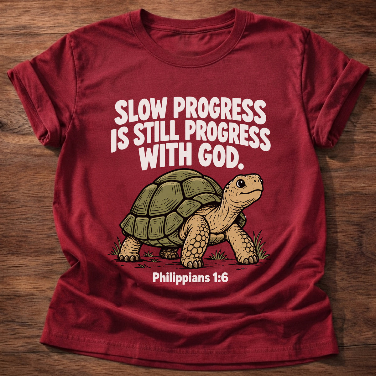 Cherry Red t-shirt printed with a turtle graphic and 'Slow progress is still progress with God.' Philippians 1:6 faith based gift