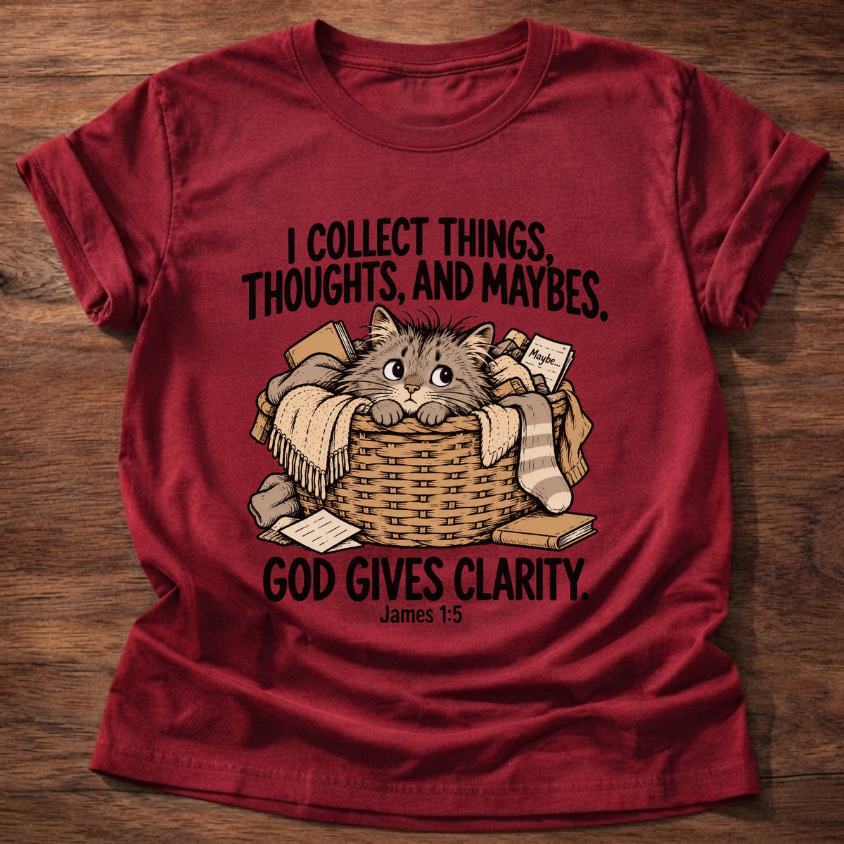 Cherry Red t-shirt printed with a squirrel and a pile of collected items graphic and 'I collect worries instead of trust. But God provides.' Matthew 6:25-26 faith based gift