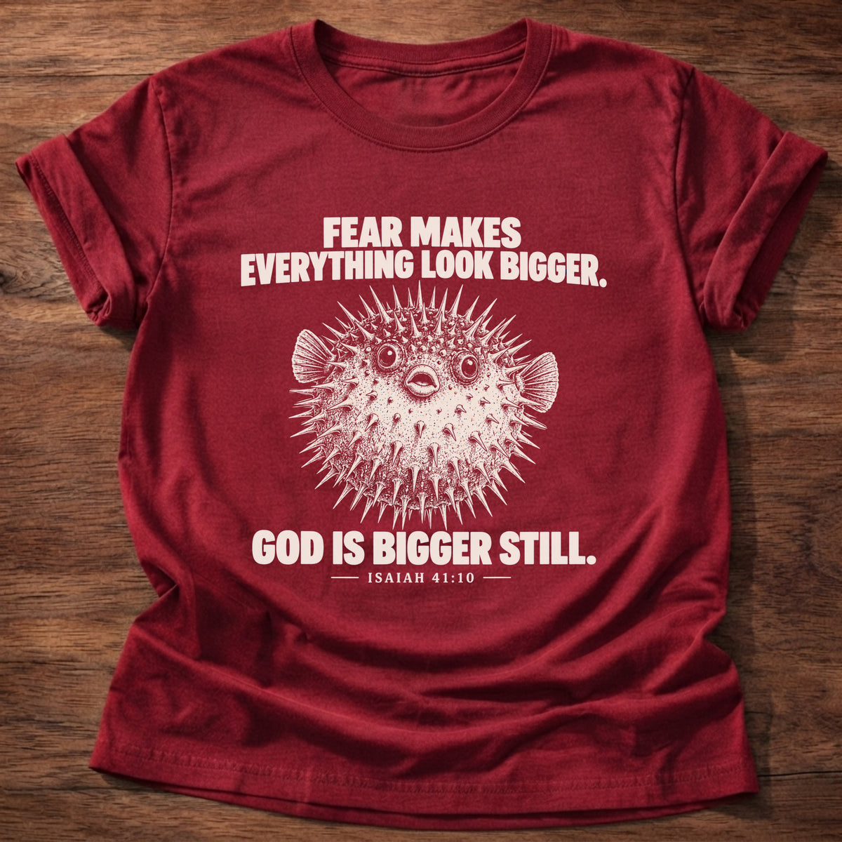 Cherry Red t-shirt printed with a pufferfish inflated to look bigger graphic and 'Fear makes everything look bigger. God is bigger still.' Isaiah 41:10 faith based gift