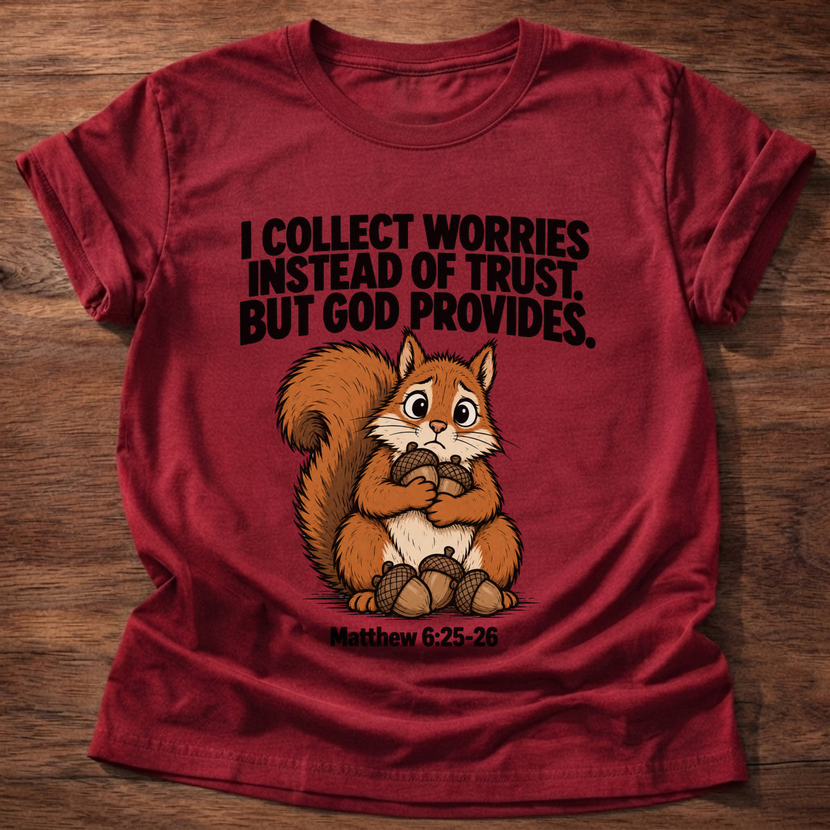 Cherry Red t-shirt printed with a raccoon digging through a bin graphic and 'I dig through things I should just leave to God.' Psalm 121:1-2 faith based gift