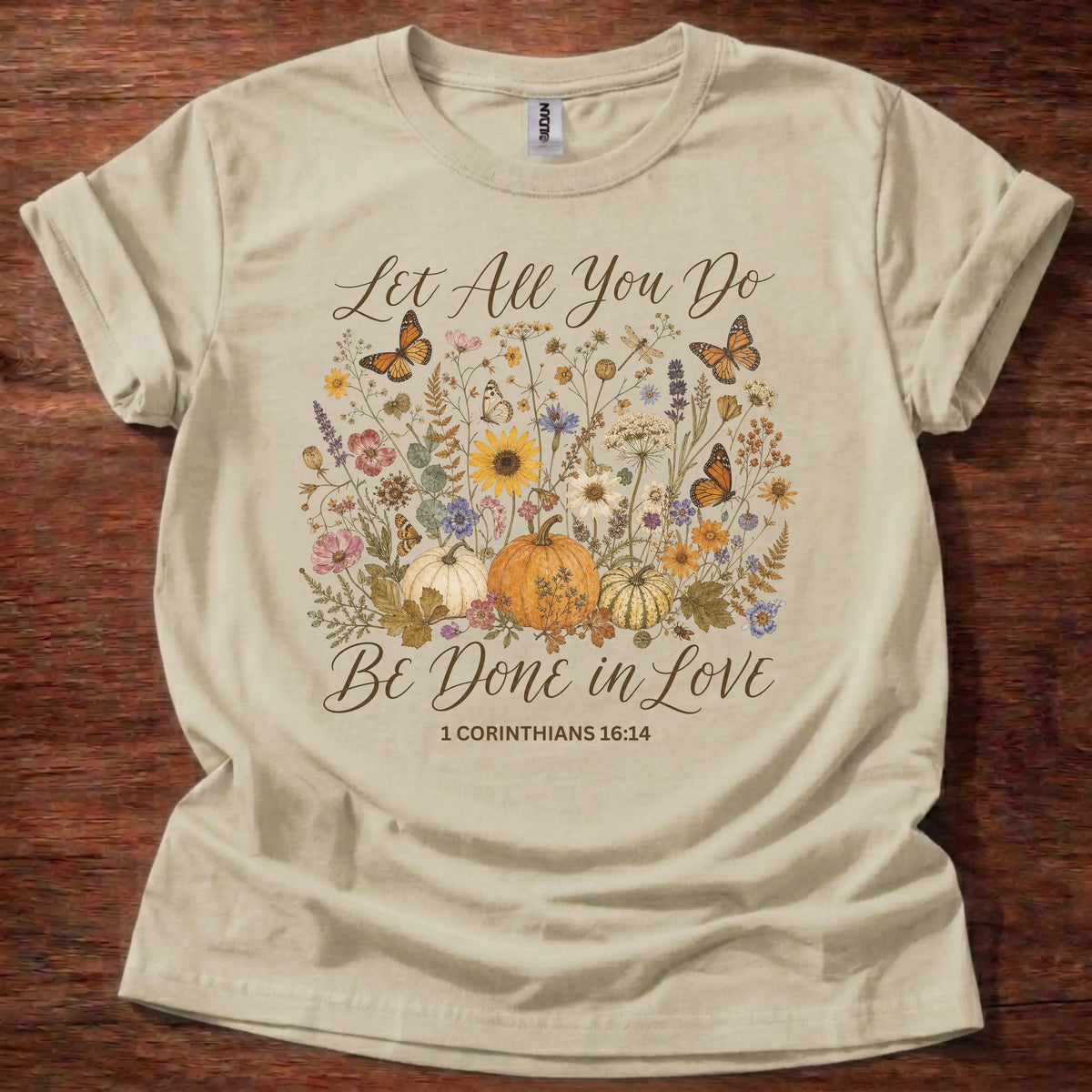 Done in Love Christian t-shirt in sand