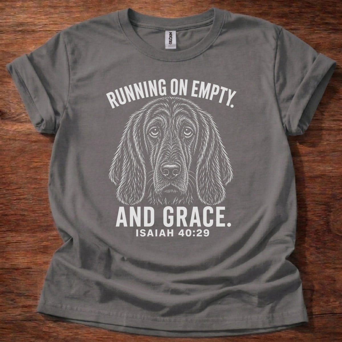 Empty Pup Christian dog mom t-shirt in charcoal