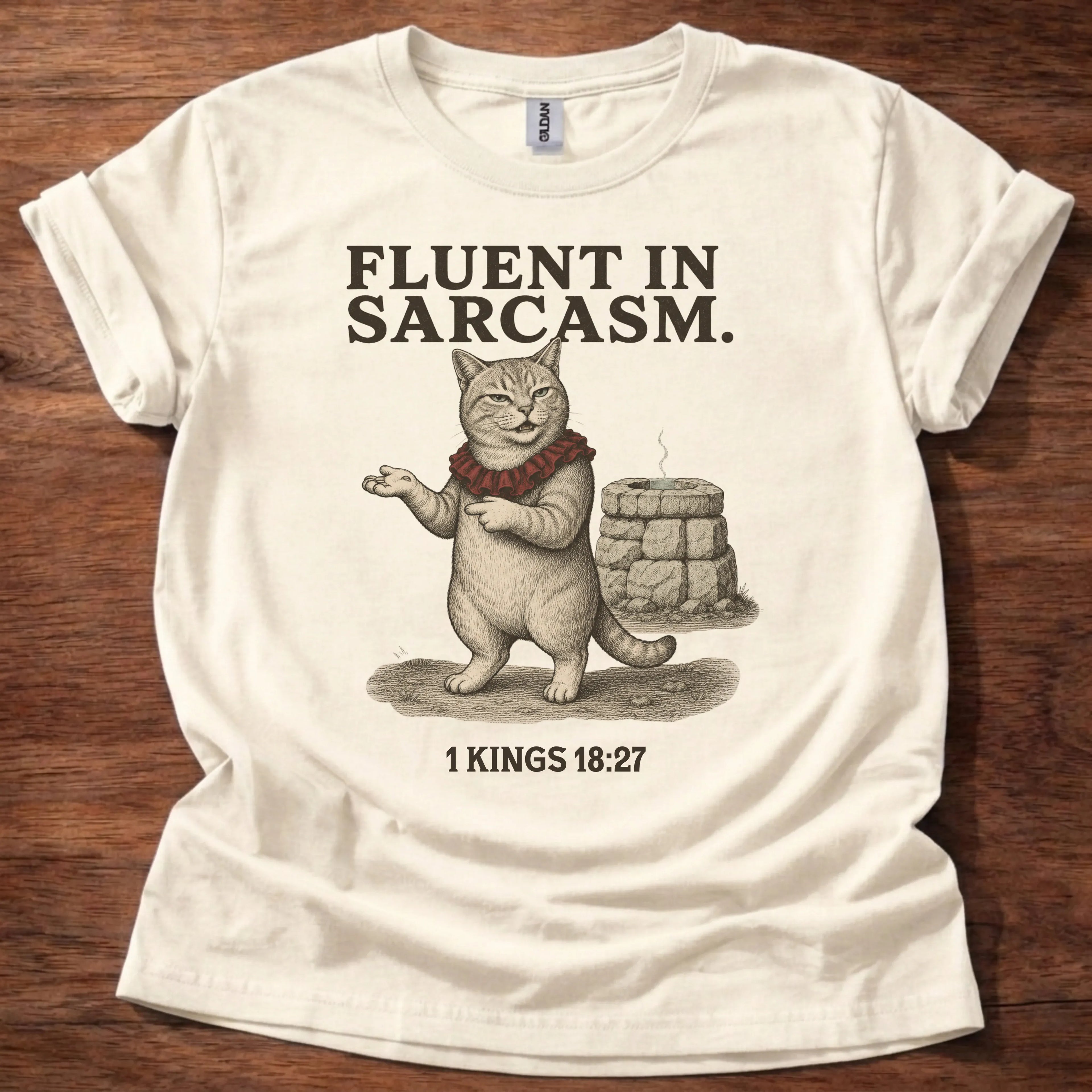 Fluent In Sarcasm cat Christian t-shirt in natural