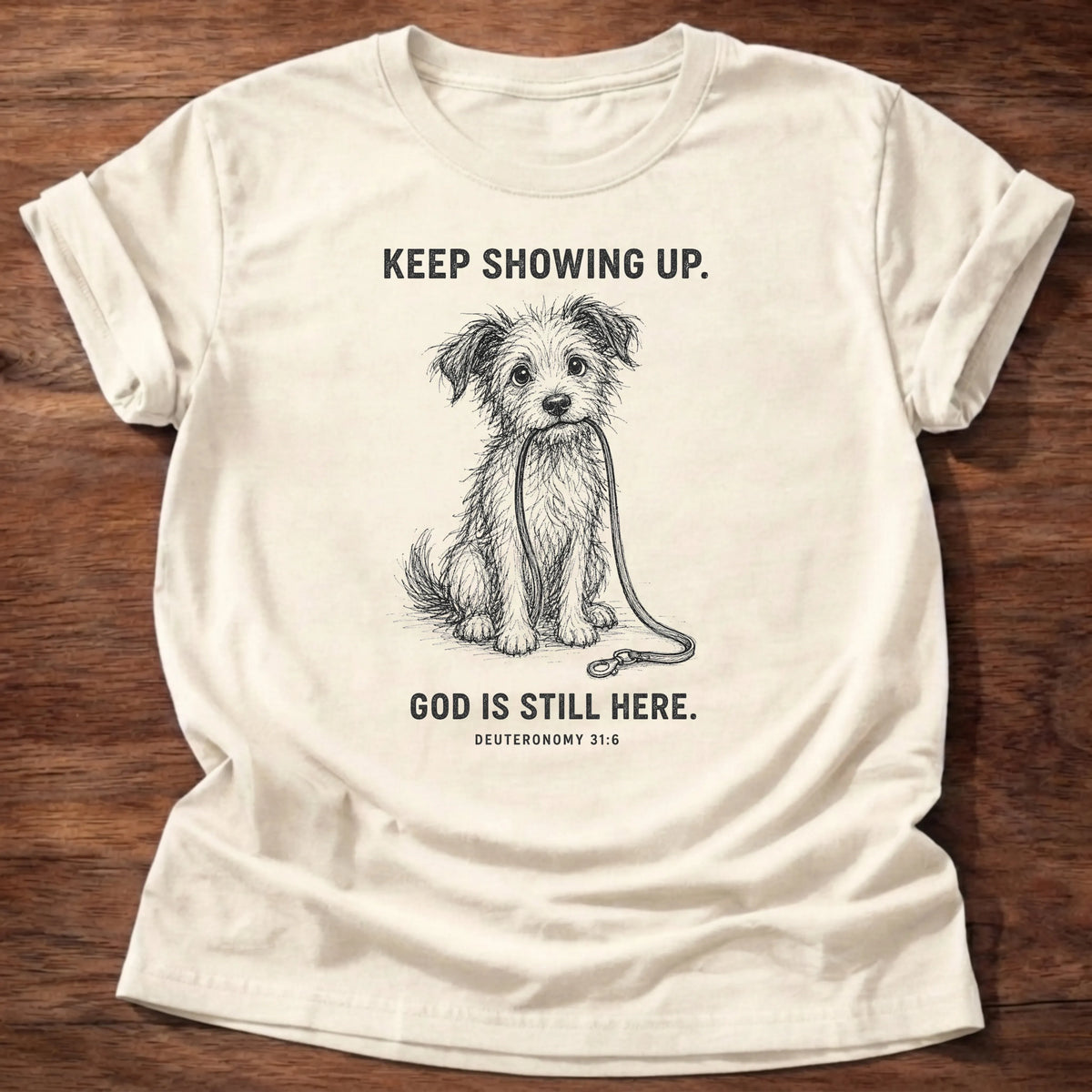Natural Gildan 64000 t-shirt with a dog illustration and 'Keep Showing Up, God Is Still Here' text, Deuteronomy 31:8 Christian t-shirt