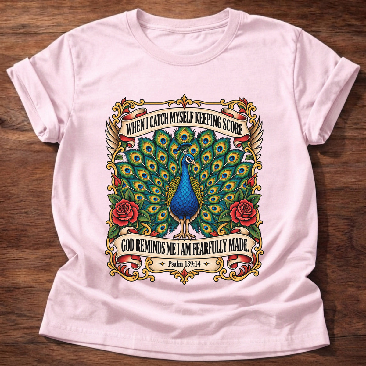 Light Pink t-shirt printed with a peacock with its tail fanned in a vintage tattoo-flash frame with red roses and banners graphic and “When I catch myself keeping score, God reminds me I am fearfully made.” Psalm 139:14 faith based gift