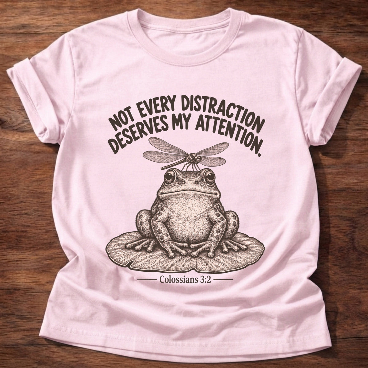 Light Pink t-shirt printed with a frog sitting on a lily pad with a dragonfly perched on its head graphic and “Not every distraction deserves my attention.” Colossians 3:2 faith based gift