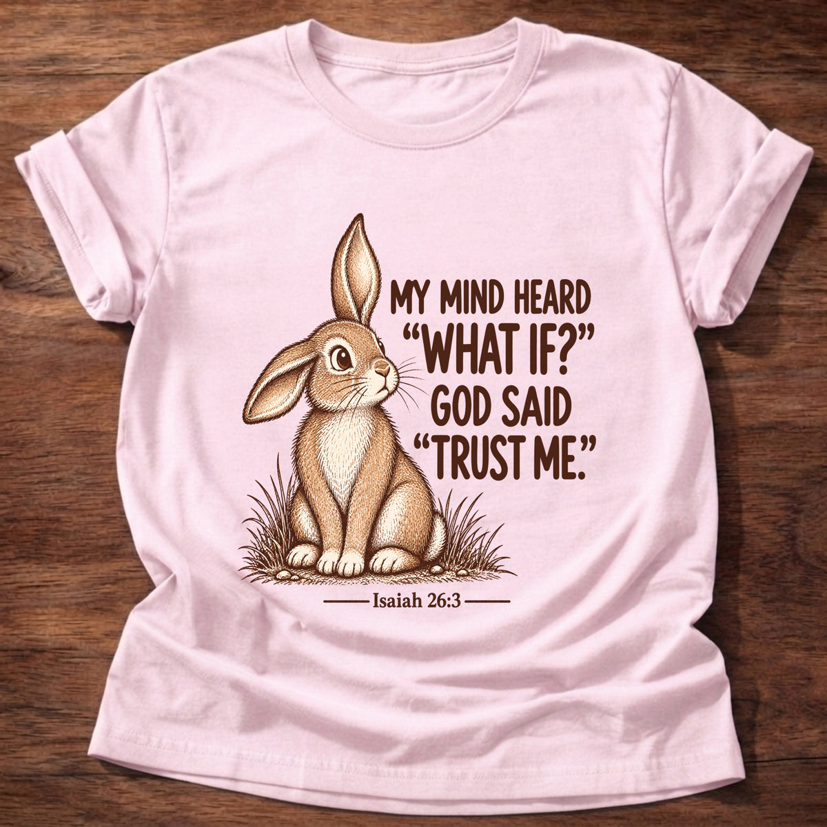 Light Pink t-shirt printed with an alert rabbit sitting in the grass with its ears up graphic and “My mind heard 'what if?' God said 'trust me.'” Isaiah 26:3 faith based gift