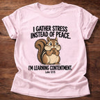 Light Pink t-shirt printed with a squirrel gathering acorns graphic and 'I gather stress instead of peace. I'm learning contentment.' Luke 12:15 faith based gift