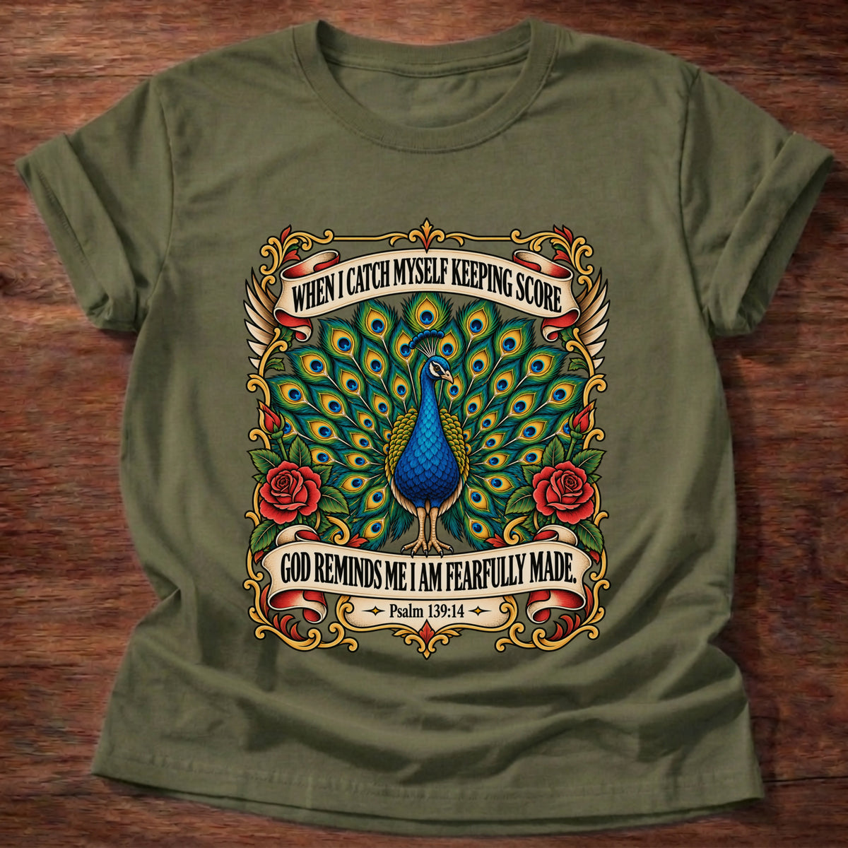 Military Green t-shirt printed with a peacock with its tail fanned in a vintage tattoo-flash frame with red roses and banners graphic and “When I catch myself keeping score, God reminds me I am fearfully made.” Psalm 139:14 faith based gift