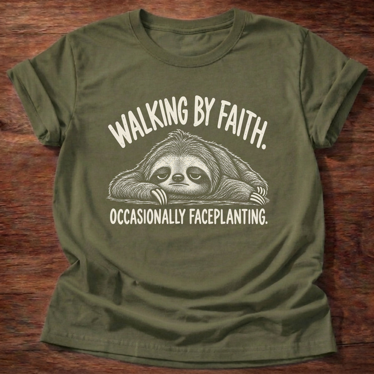Military Green t-shirt printed with a sloth faceplanted on the ground graphic and “Walking by faith. Occasionally faceplanting.” 2 Corinthians 5:7 Christian shirt