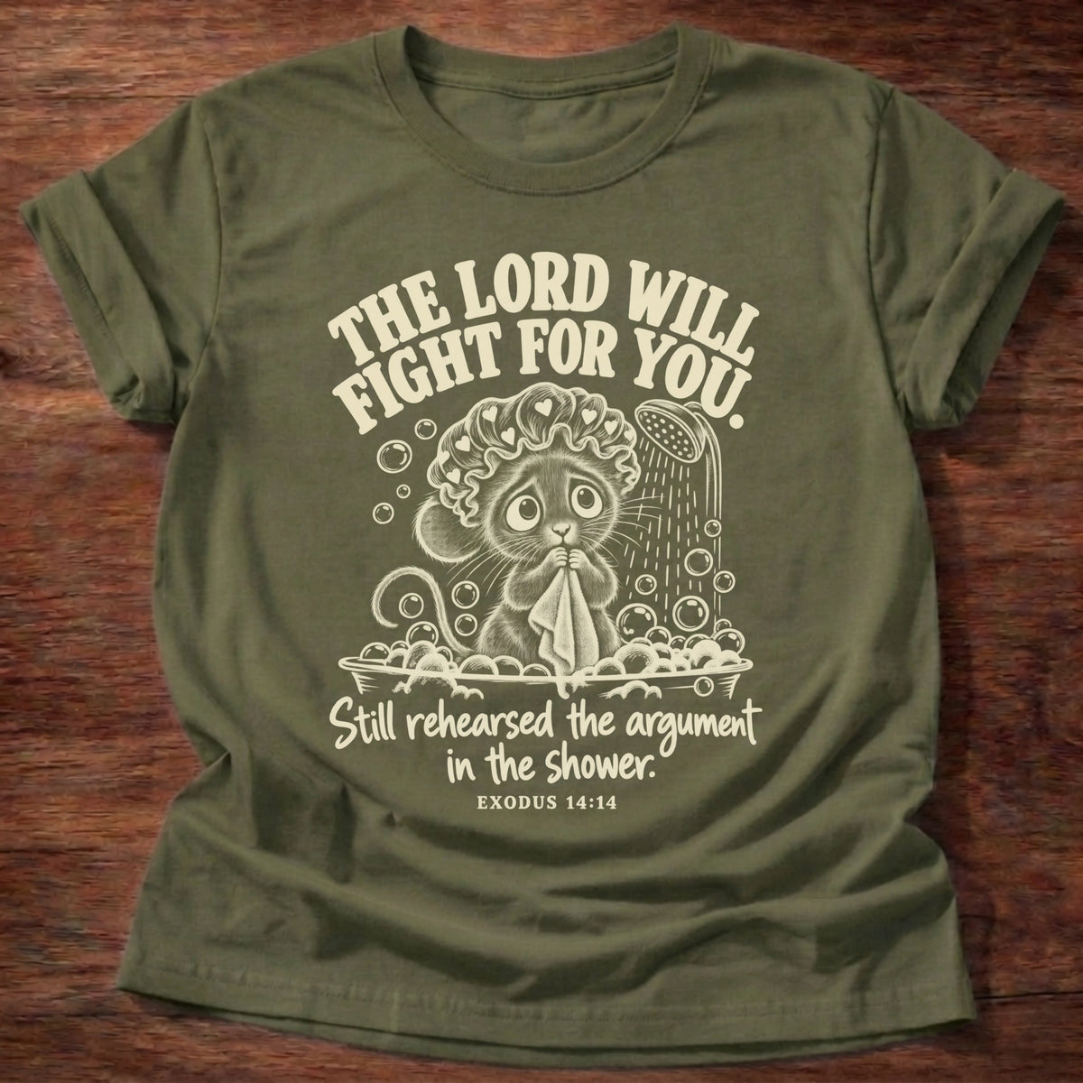Shower Rehearsal T-Shirt in Military Green featuring a worried mouse in a shower cap in a bubble bath and Exodus 14:14 overthinking humor design
