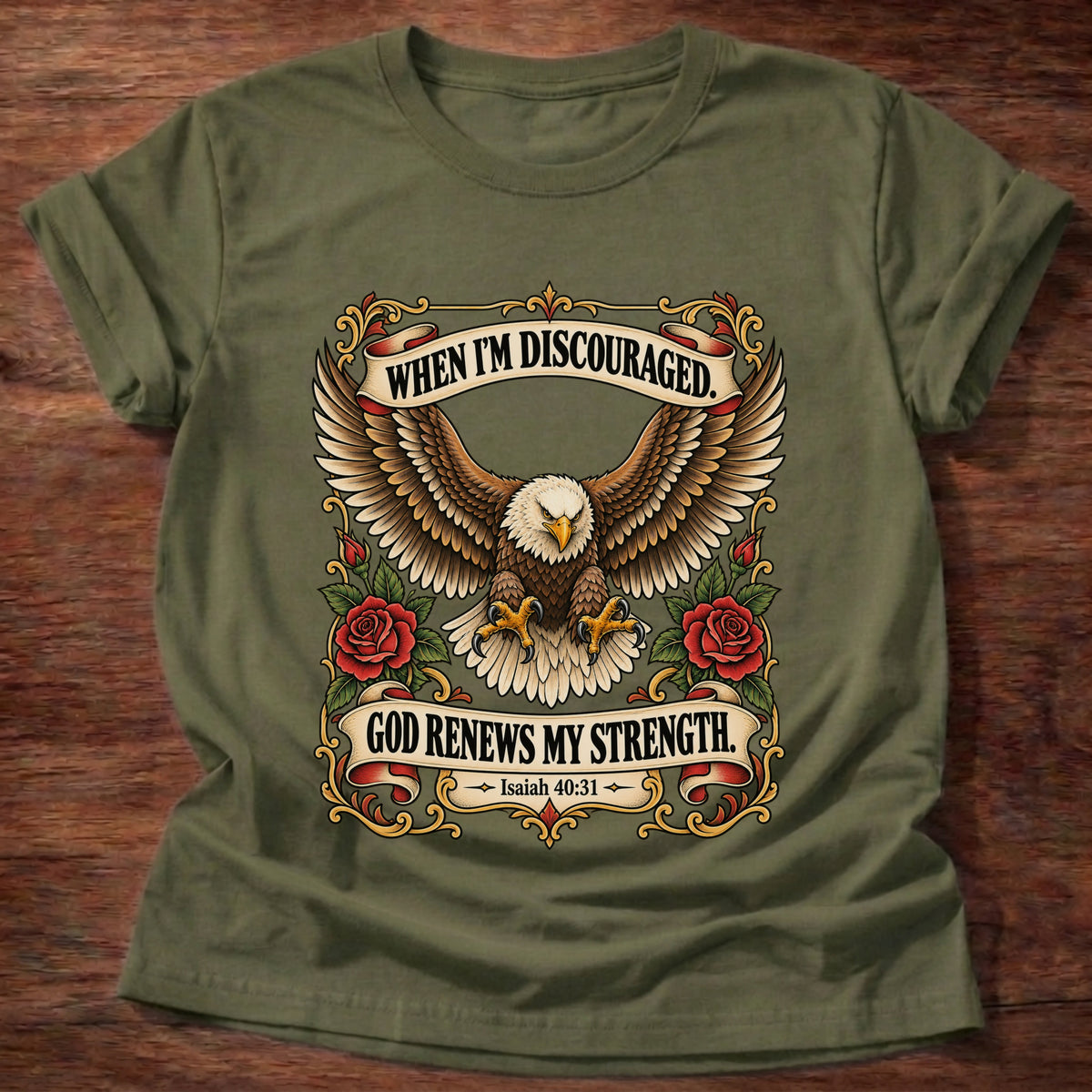 Military Green t-shirt printed with a bald eagle with wings spread in a vintage tattoo-flash frame with red roses and banners graphic and “When I'm discouraged, God renews my strength.” Isaiah 40:31 faith based gift