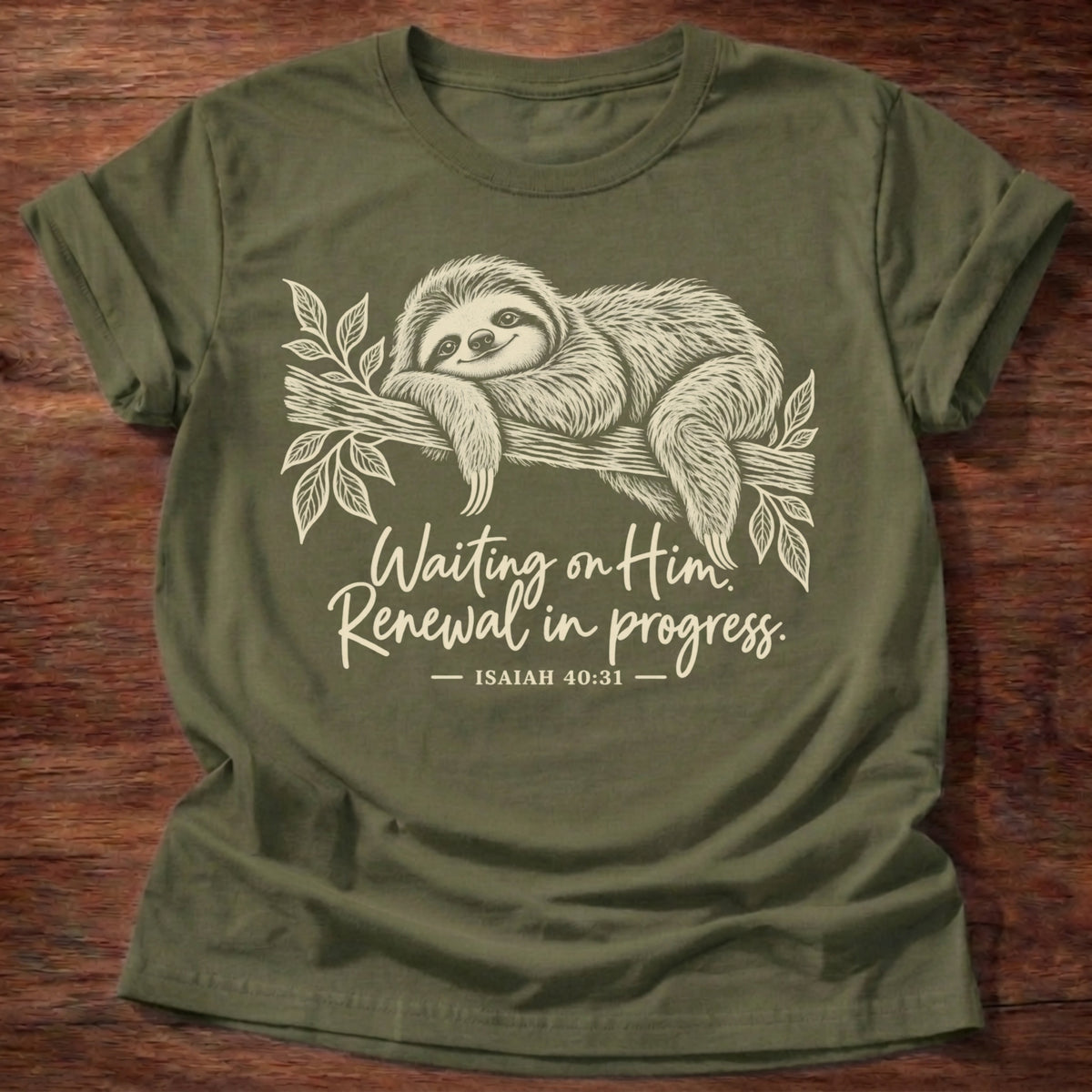 Renewal In Progress T-Shirt in Military Green featuring a sloth resting on a tree branch and Isaiah 40:31 rest and renewal design