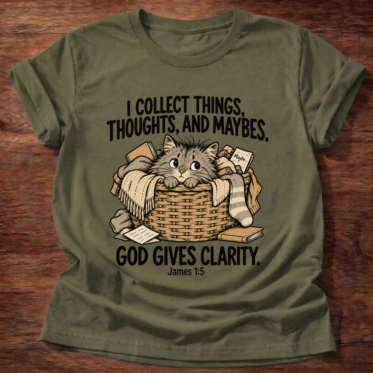 Military Green t-shirt printed with a squirrel and a pile of collected items graphic and 'I collect worries instead of trust. But God provides.' Matthew 6:25-26 faith based gift