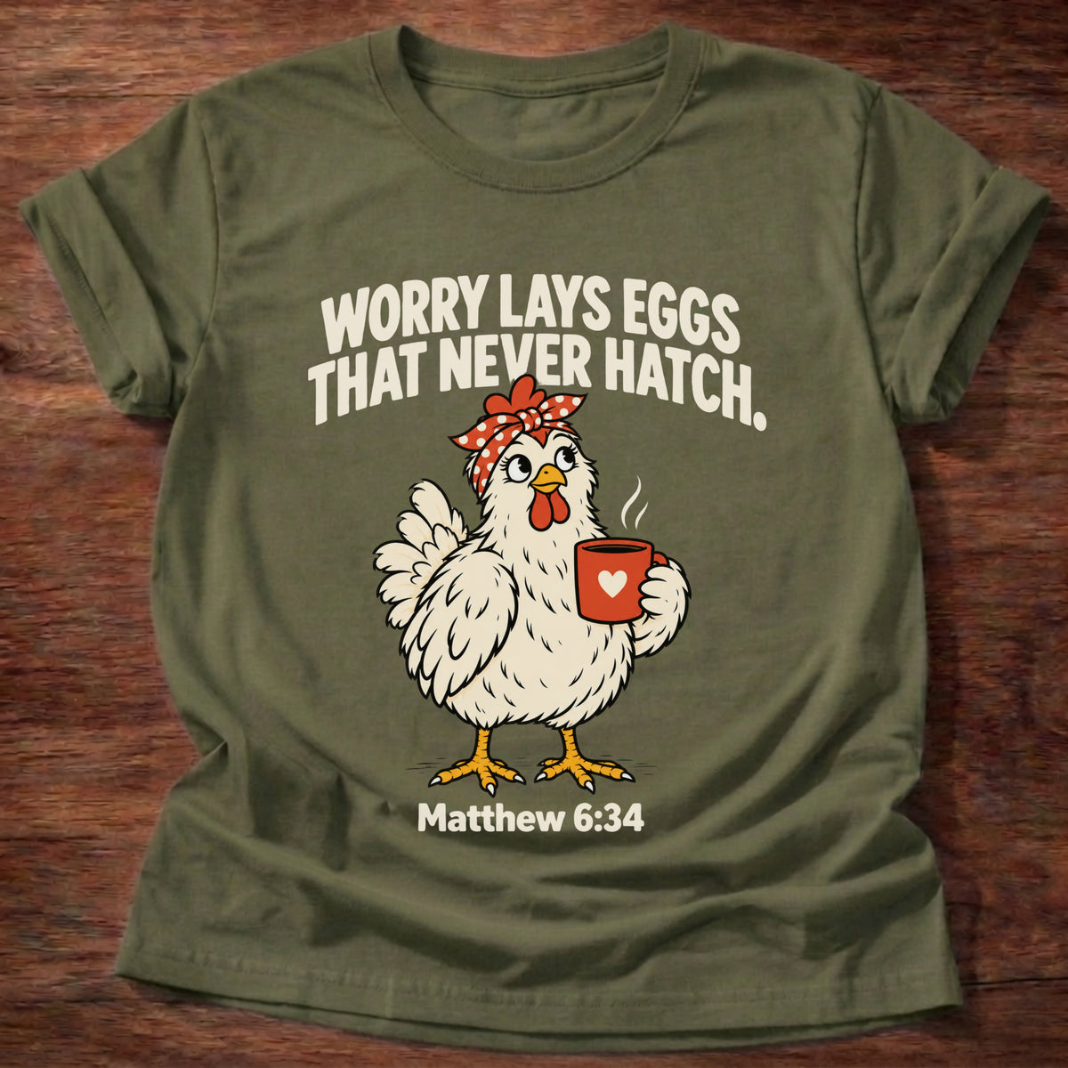 Military Green t-shirt printed with a chicken holding a tea cup graphic and 'Worry lays eggs that never hatch. I bring it to God.' Matthew 6:34 faith based gift