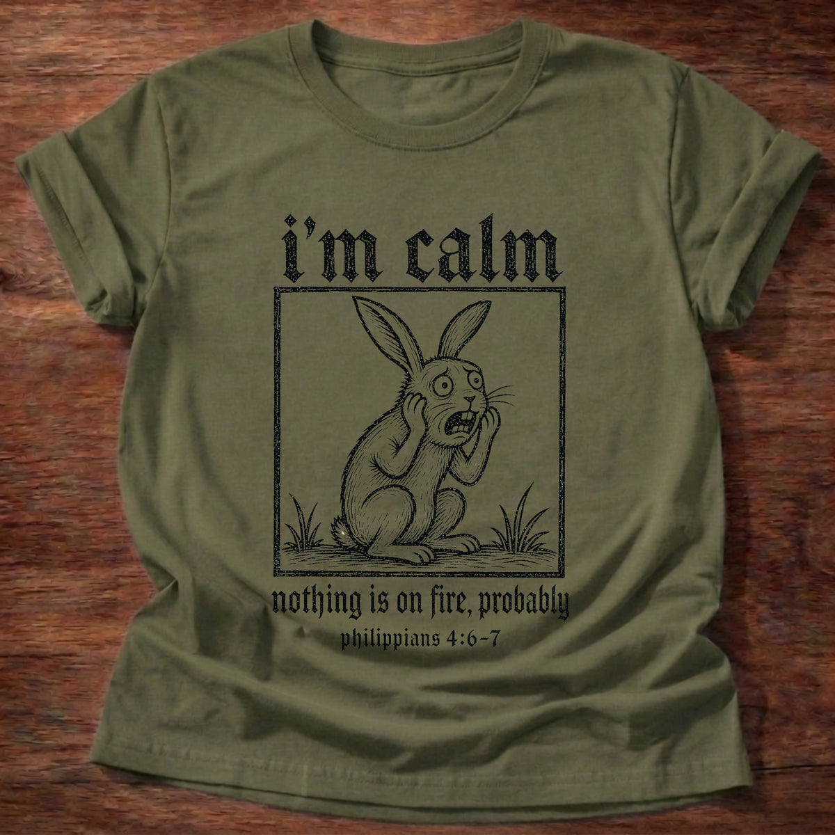 Military Green Rabbit I'm Calm Philippians 4:6-7 Anxiety T-Shirt